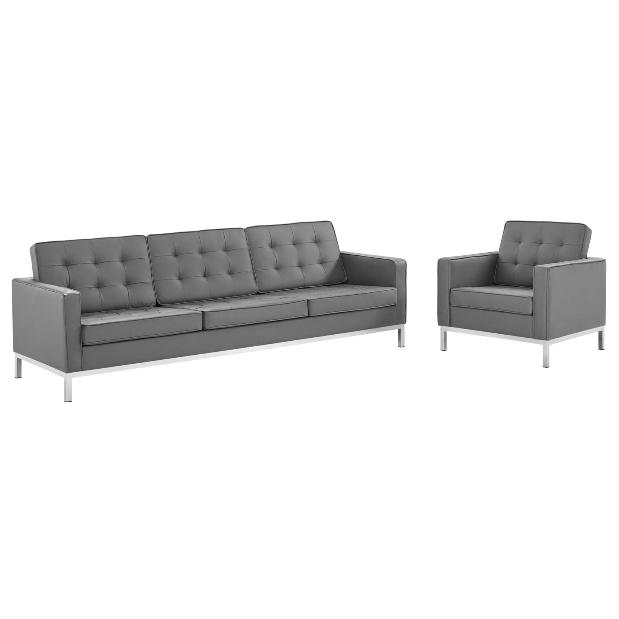 Loft Tufted Faux Leather Accent Sofa And Armchair Set - Timeless Design, Luxurious Upholstery, Stainless Steel Frame - Perfect For Sophisticated Living Rooms - Sofa Weight Capacity: 900 Lbs, Armchair Weight Capacity: 300 Lbs.