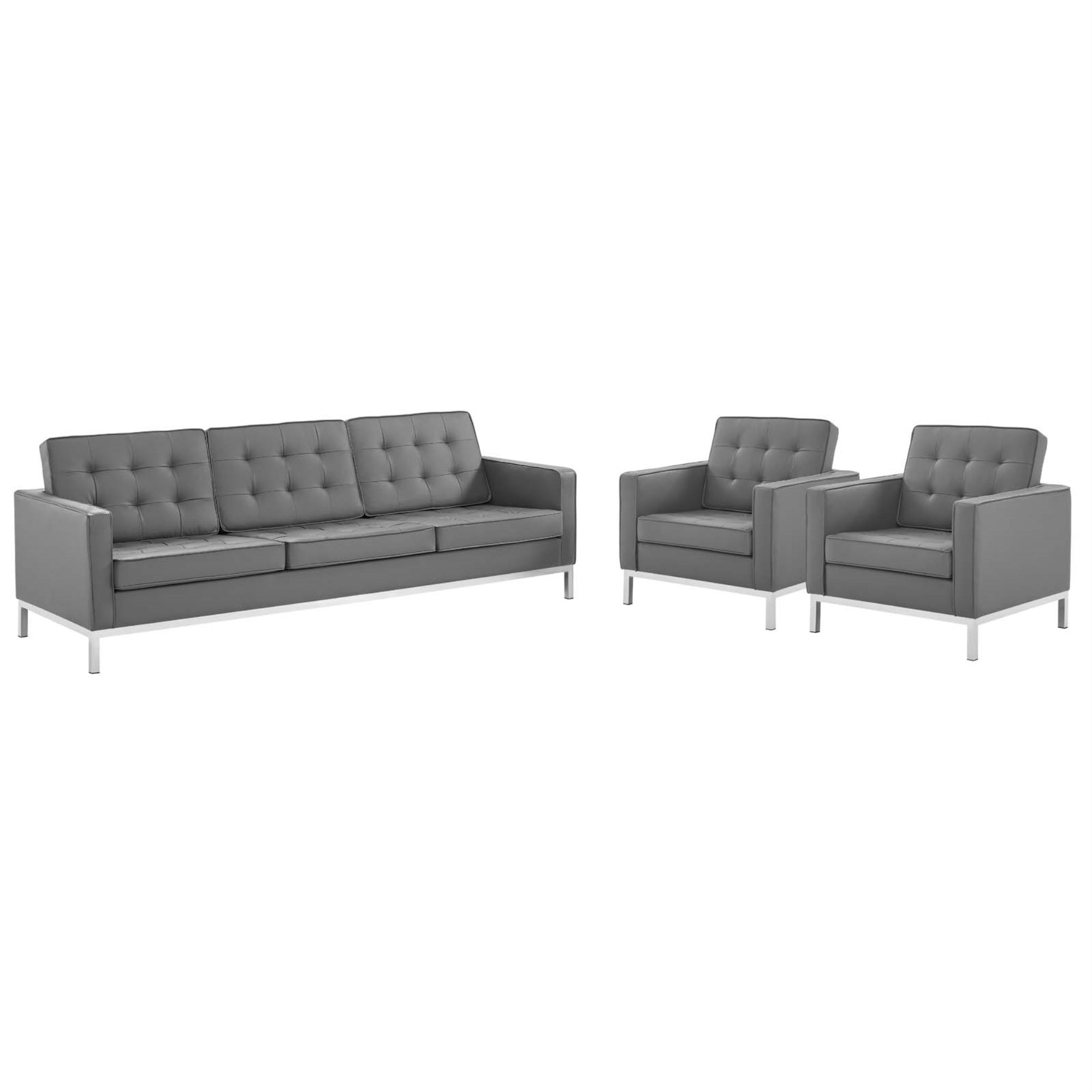 Loft 3 Piece Tufted Faux Leather Accent Set - Modern Design, Stainless Steel Frame, Silver Legs - Sofa & 2 Armchairs - 900 Lbs Sofa Capacity, 300 Lbs Armchair Capacity
