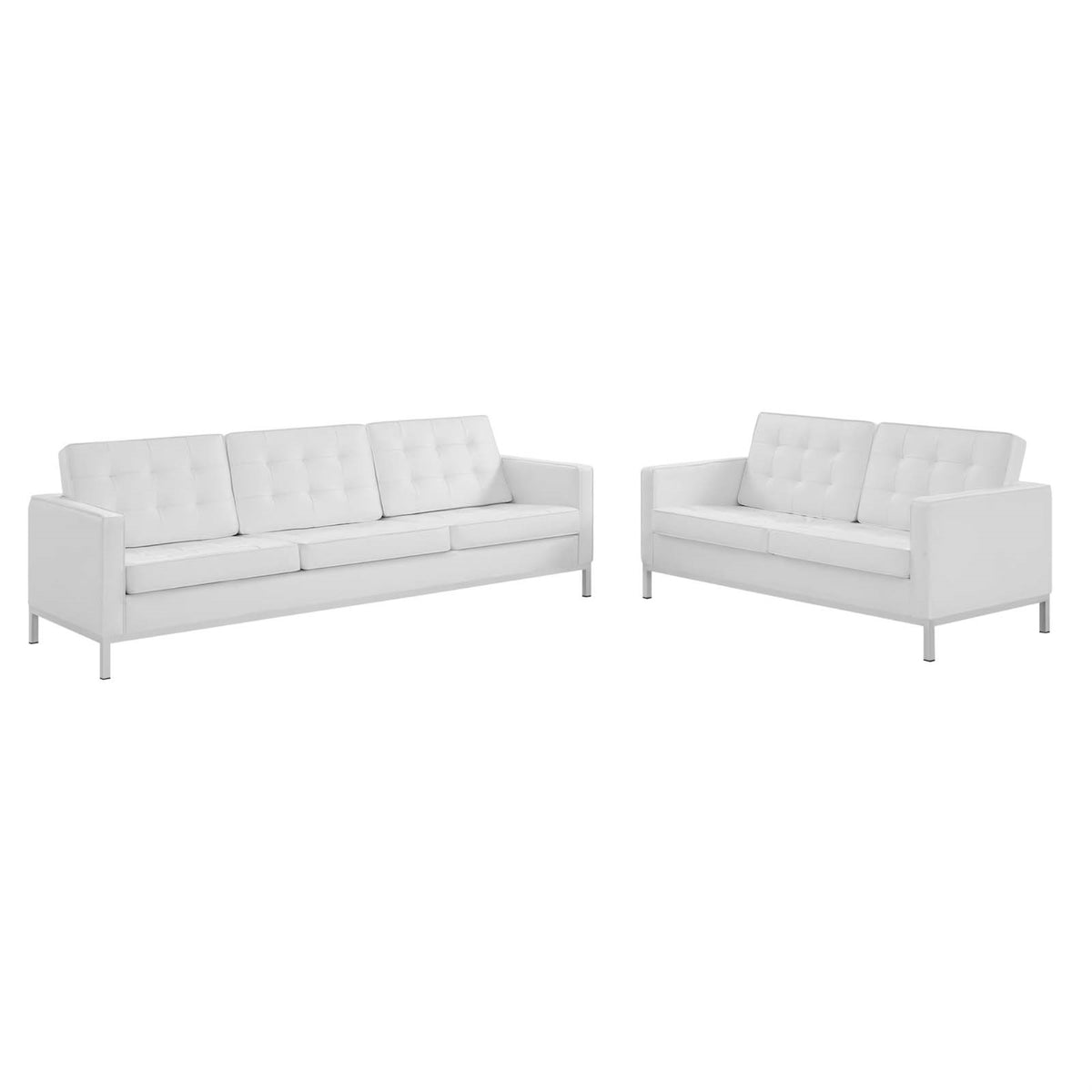 Loft Tufted Upholstered Faux Leather Sofa And Loveseat Set Silver White