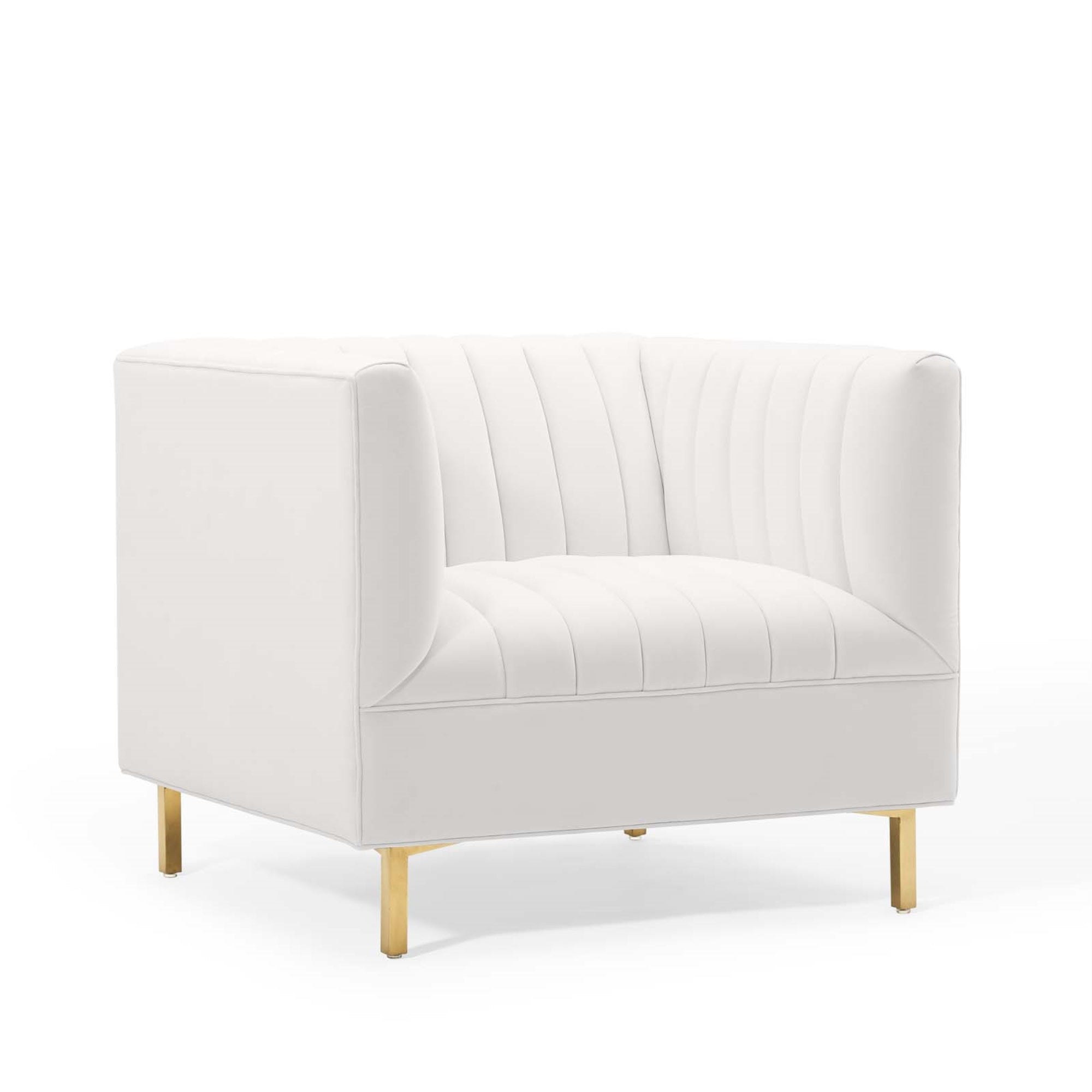 Shift Channel Tufted Performance Velvet Accent Armchair - Glam Deco Design, Stain-Resistant, Gold Legs - White