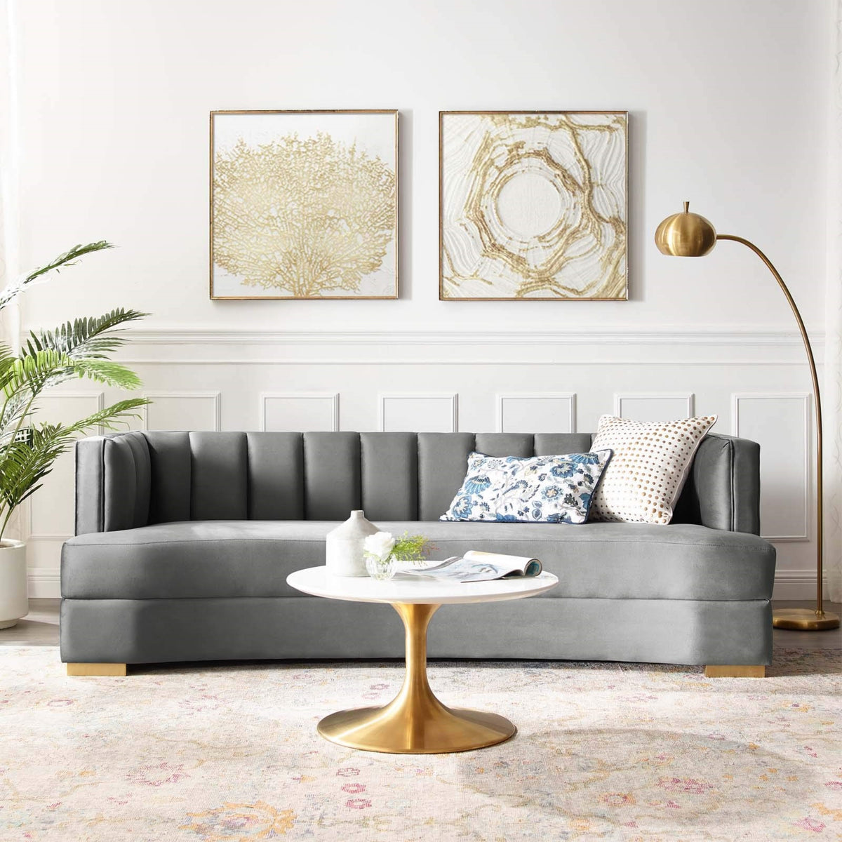 Casafoyer Encompass Channel Tufted Performance Velvet Curved Sofa, Gray 39.5 X 85 X 28