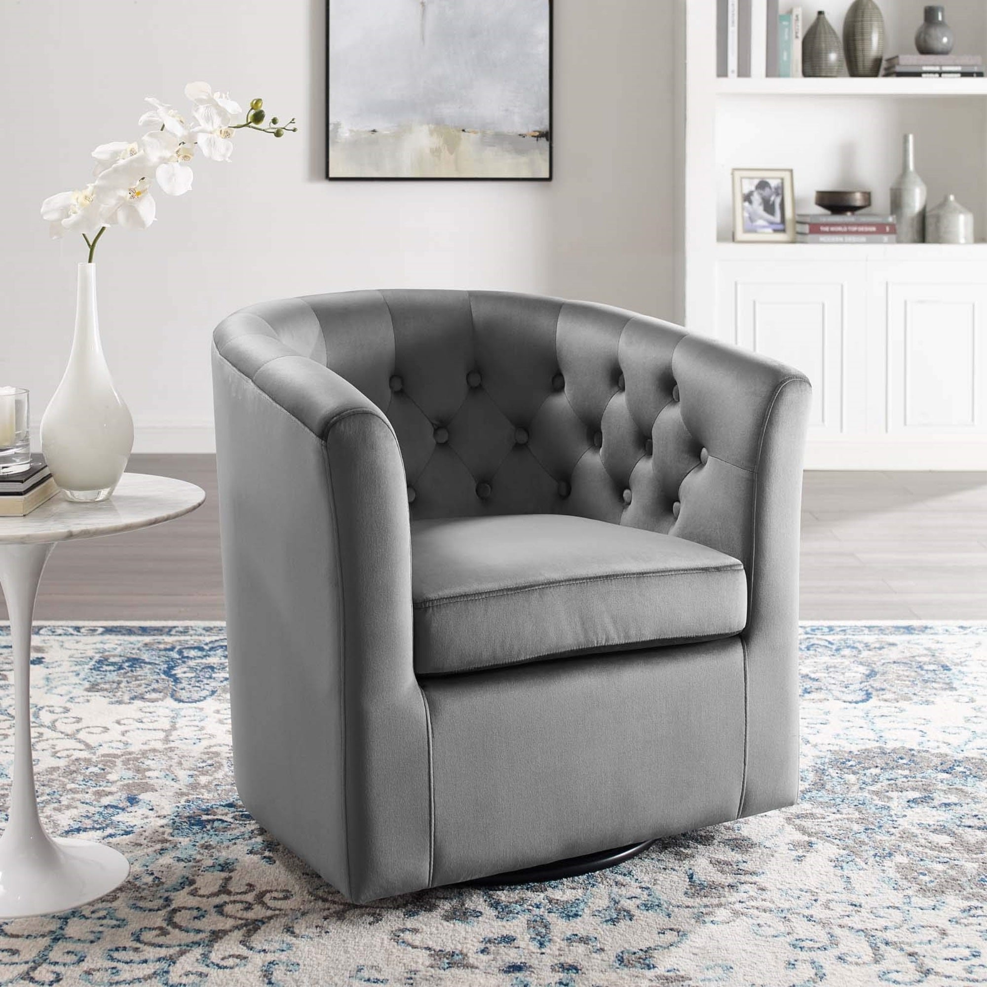 Casafoyer Eei-4138-Lgr Prospect Tufted Performance Velvet Swivel Armchair, Light Gray