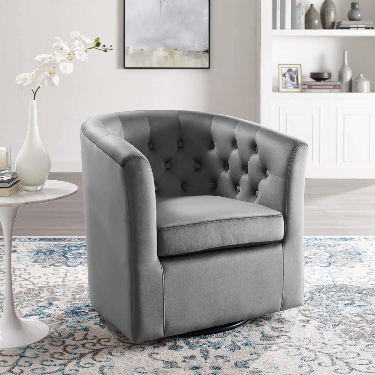 Casafoyer Eei-4138-Lgr Prospect Tufted Performance Velvet Swivel Armchair, Light Gray