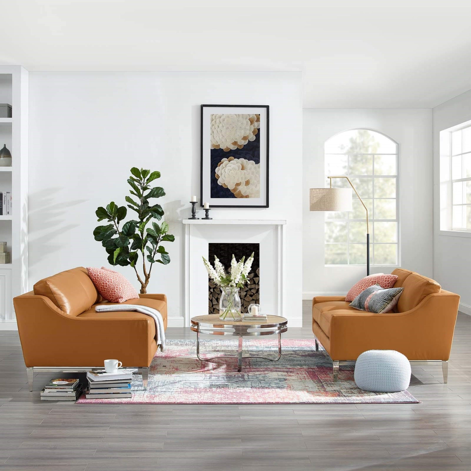 Casafoyer Harness Stainless Steel Base Leather Sofa & Loveseat Set In Tan