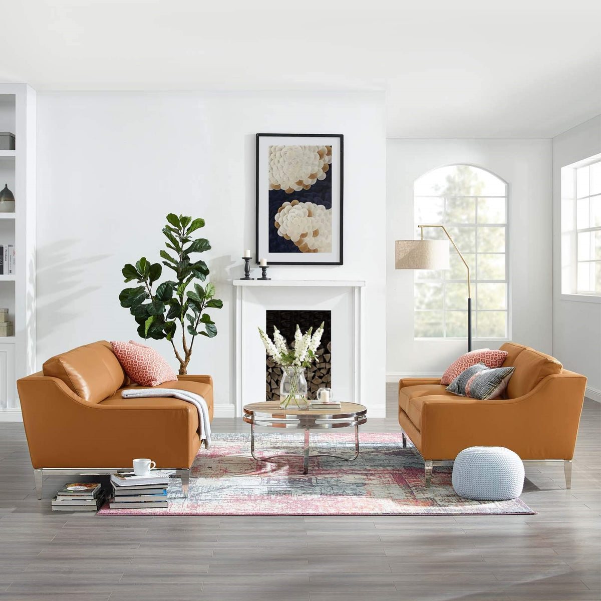 Casafoyer Harness Stainless Steel Base Leather Sofa & Loveseat Set In Tan