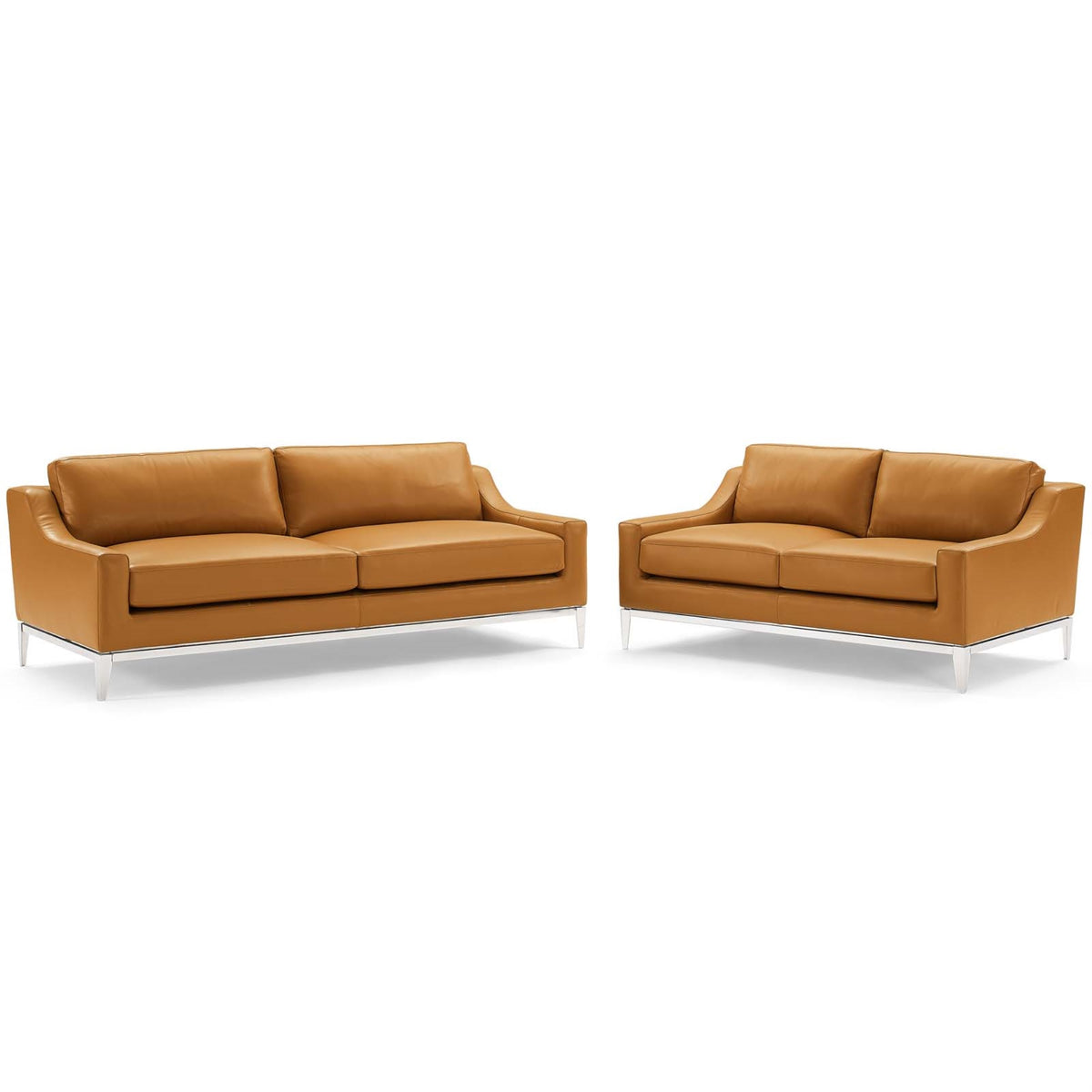 Harness Stainless Steel Base Leather Sofa And Loveseat Set Tan