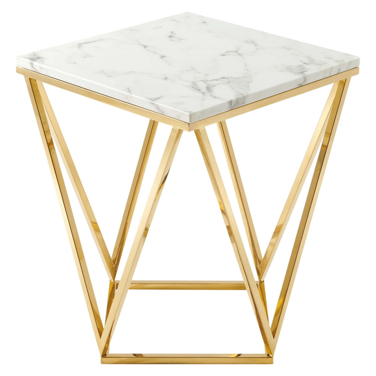 Vertex Gold Metal Stainless Steel End Table - Contemporary Geometric Design With Artificial Marble Top - Suitable For Living Room, Office, Bedroom - Assembly Required