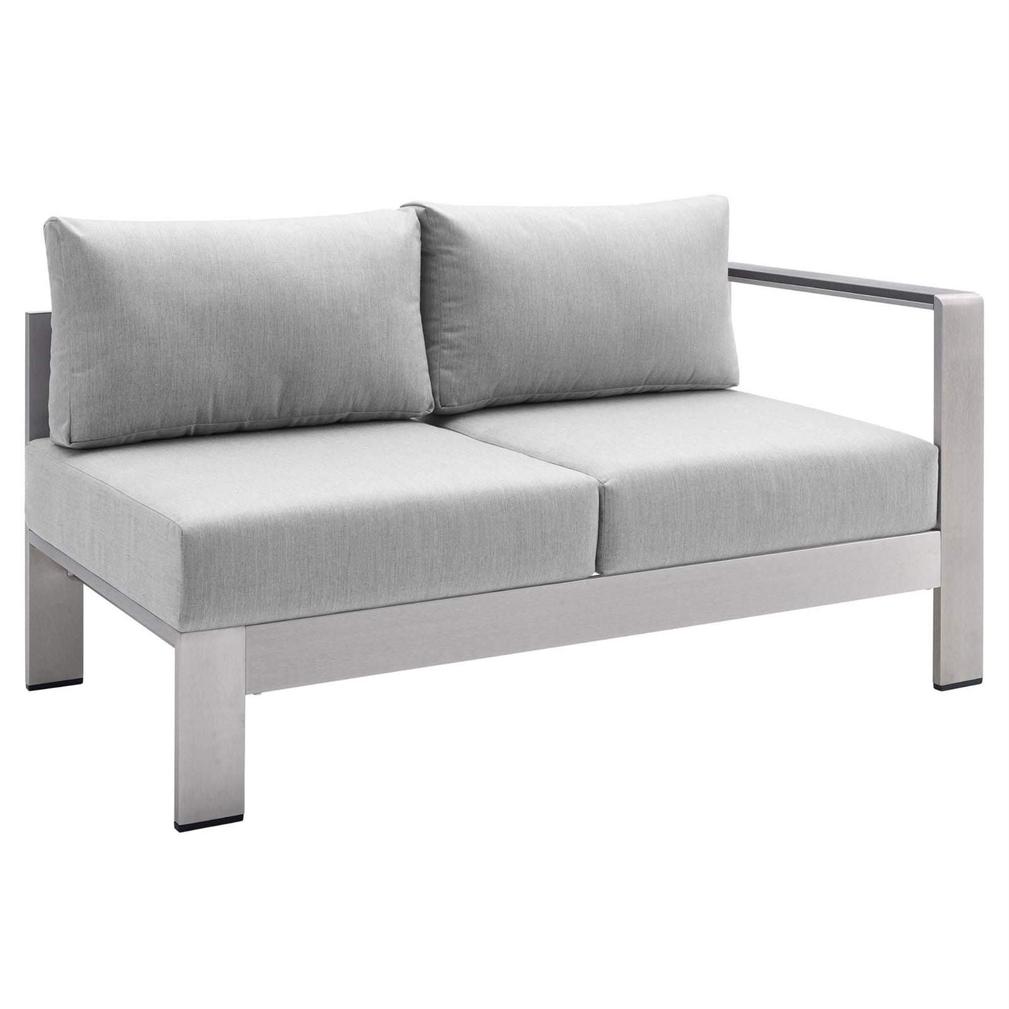 Shore Sunbrella Fabric Aluminum Outdoor Patio Right-Arm Loveseat Silver Gray