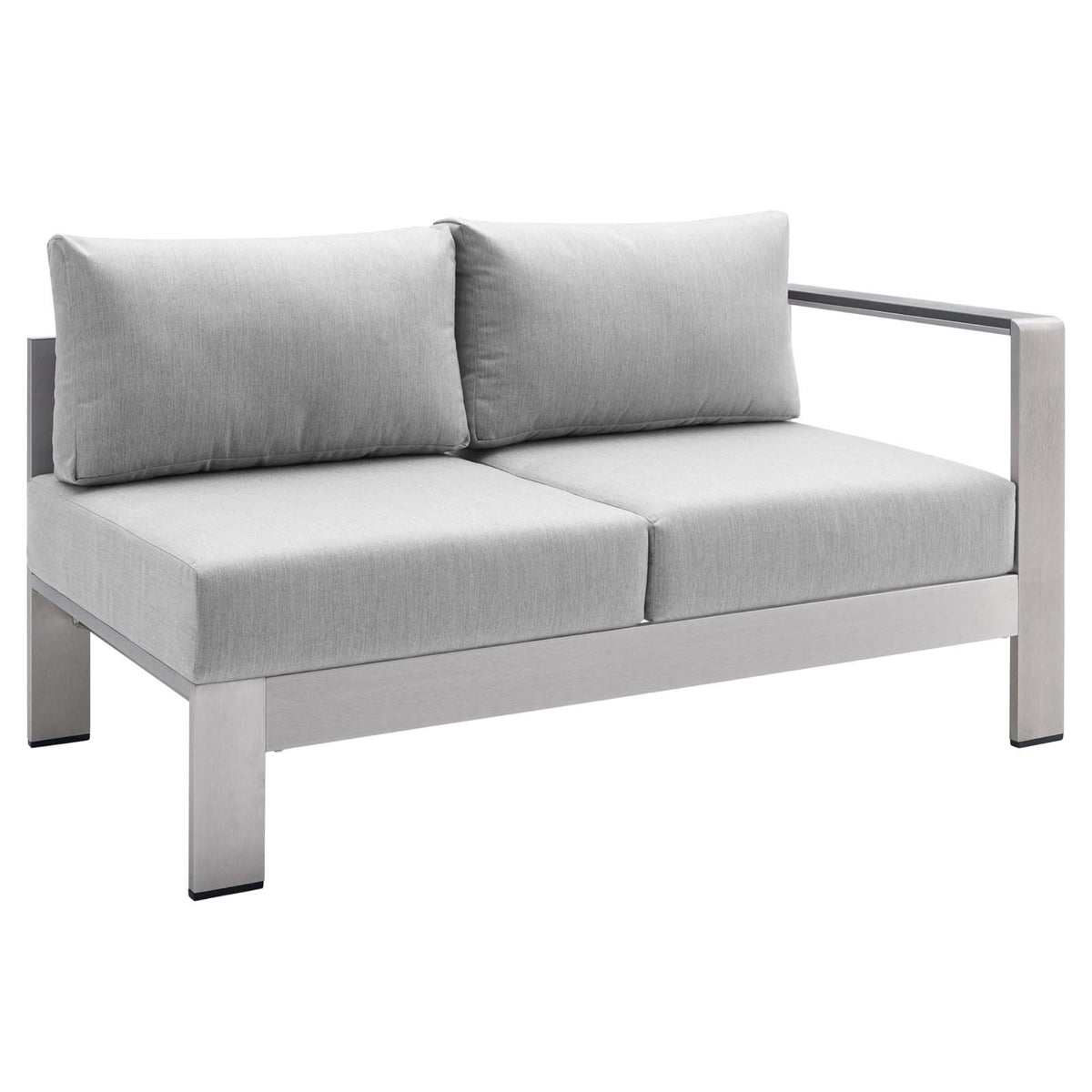 Shore Sunbrella Fabric Aluminum Outdoor Patio Right-Arm Loveseat Silver Gray