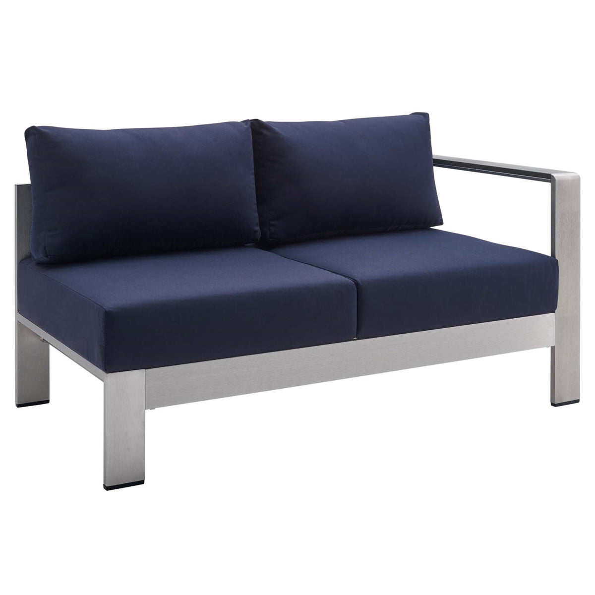 Shore Sunbrella Fabric Aluminum Outdoor Patio Right-Arm Loveseat Silver Navy