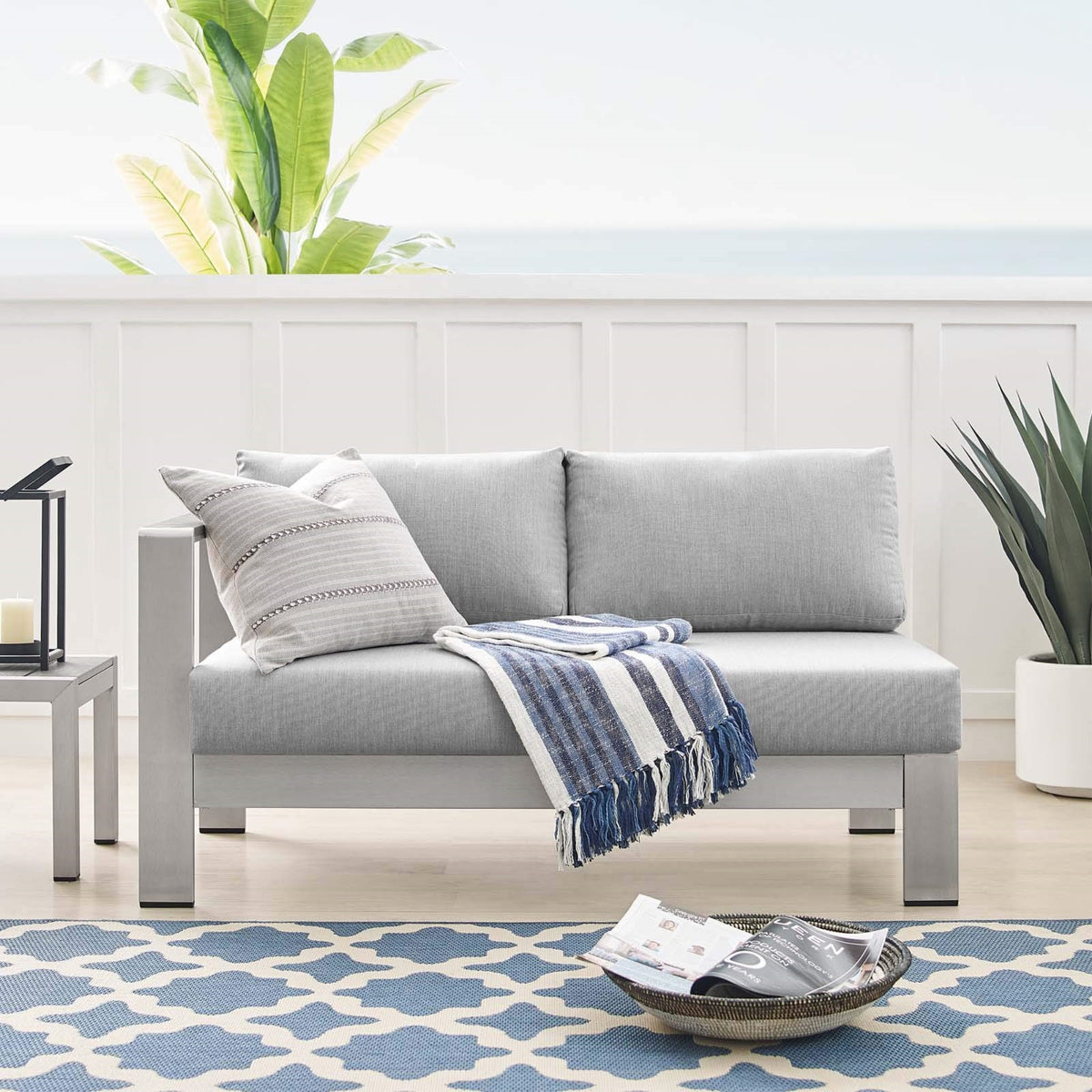 Casafoyer Shore Sunbrella Fabric Aluminum Outdoor Patio Left-Arm Loveseat In Silver Gray