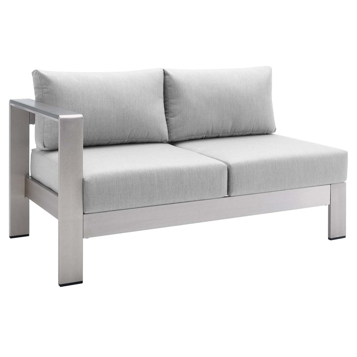 Shore Sunbrella Fabric Aluminum Outdoor Patio Left-Arm Loveseat Silver Gray