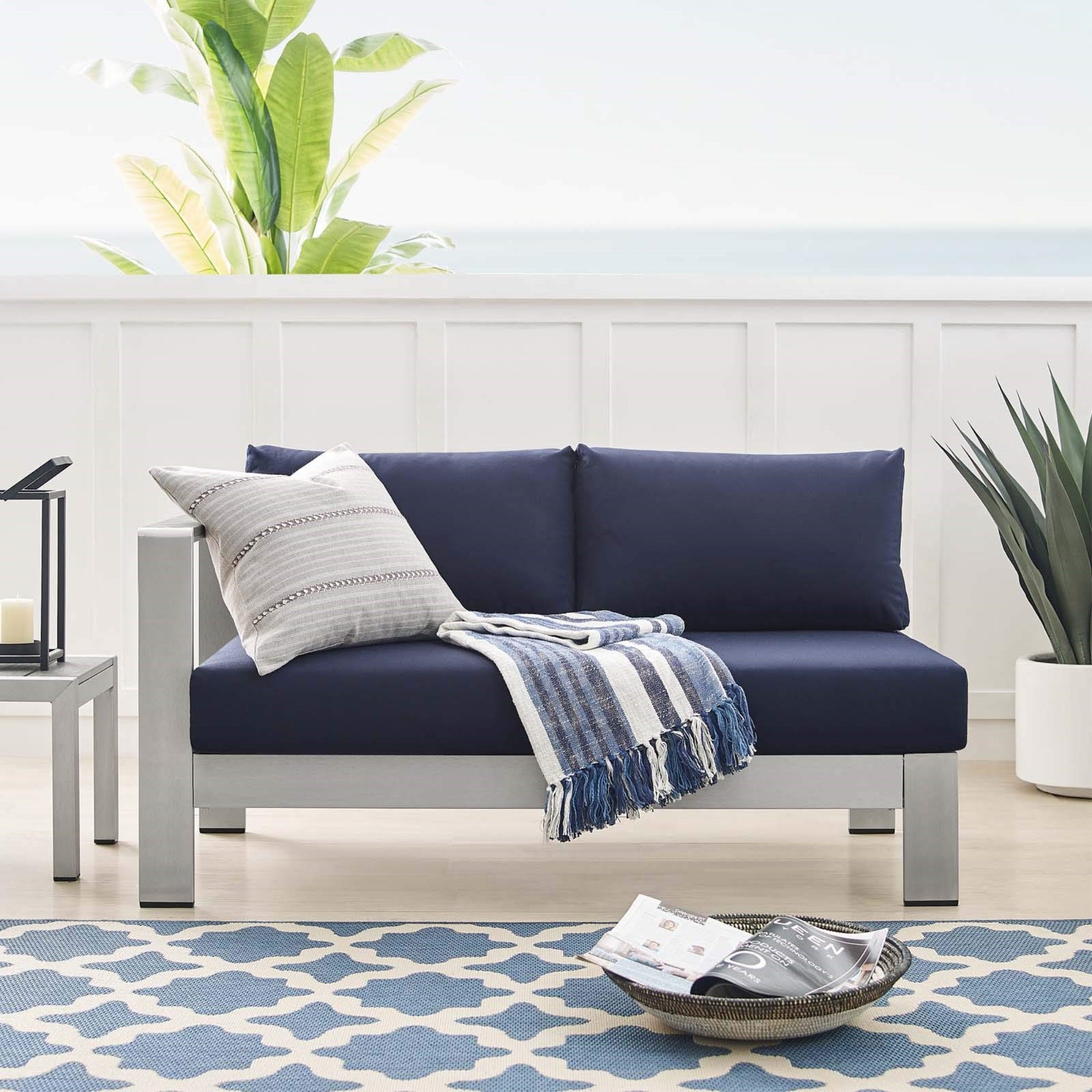 Casafoyer Eei-4223-Slv-Nav Shore Sunbrella Patio Left-Arm In Silver Navy, 53 X 27.5 X 25