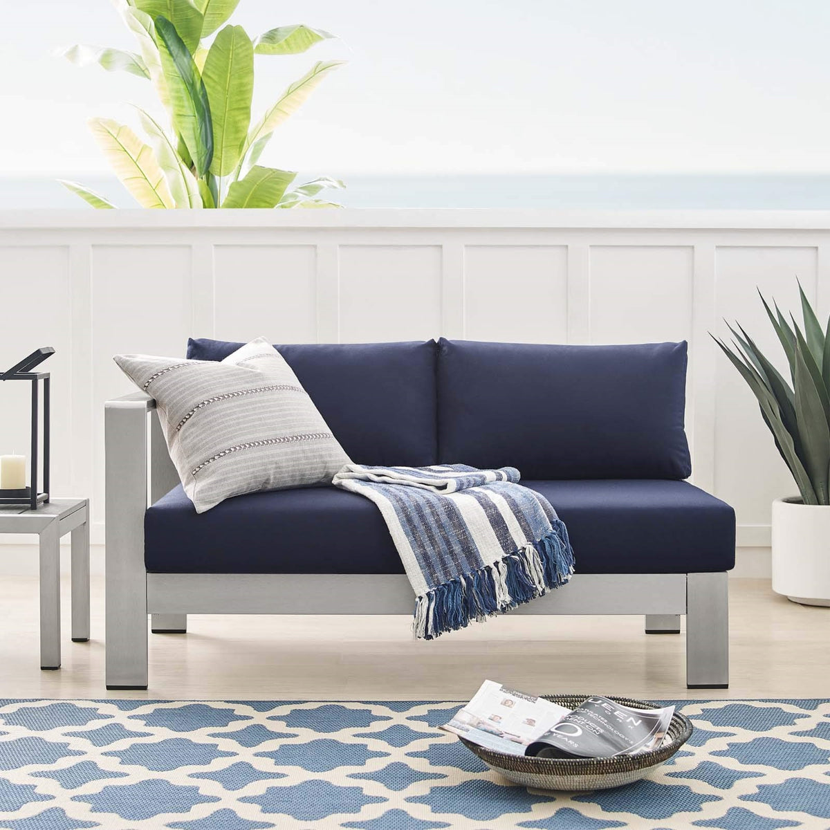 Casafoyer Eei-4223-Slv-Nav Shore Sunbrella Patio Left-Arm In Silver Navy, 53 X 27.5 X 25