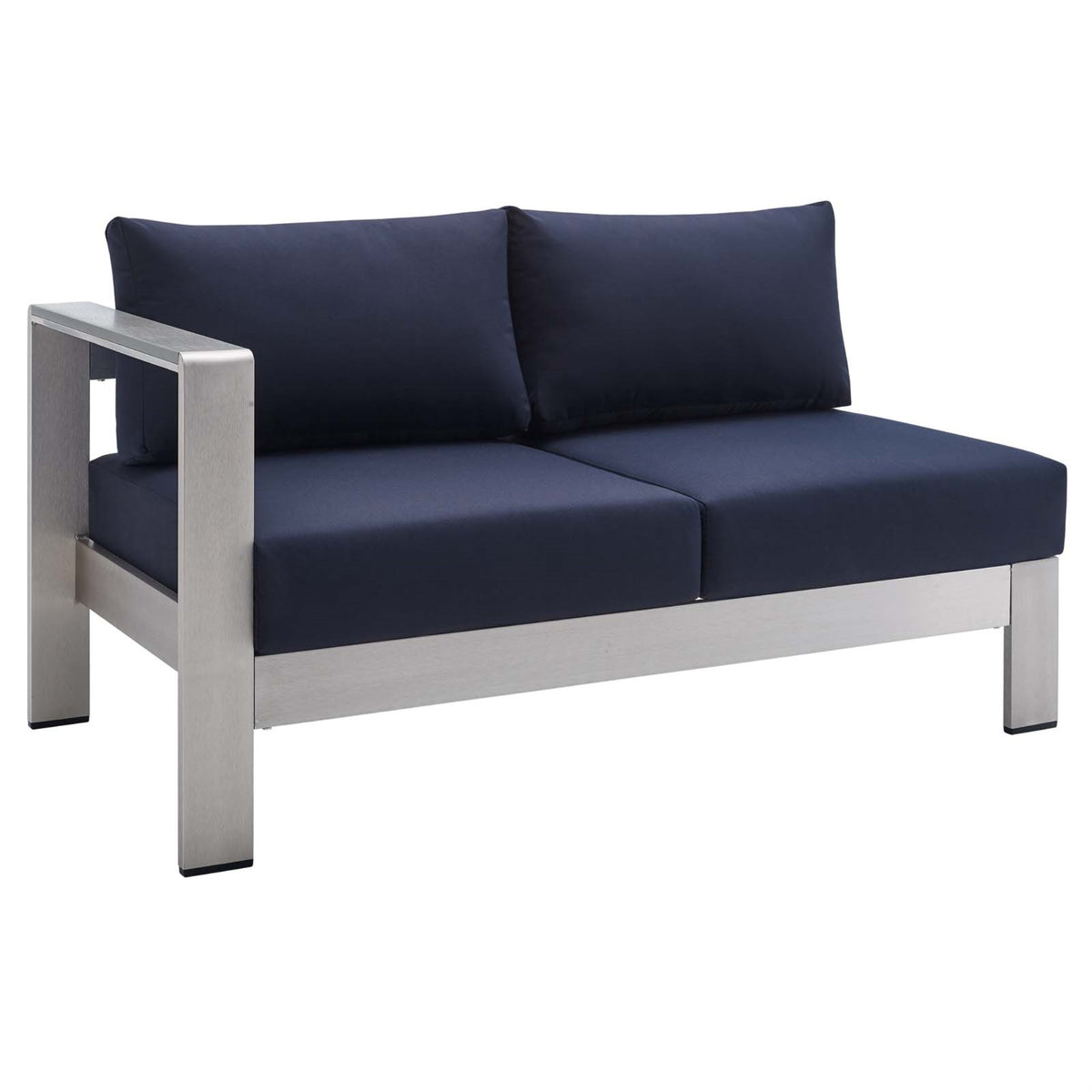 Shore Sunbrella Fabric Aluminum Outdoor Patio Left-Arm Loveseat Silver Navy