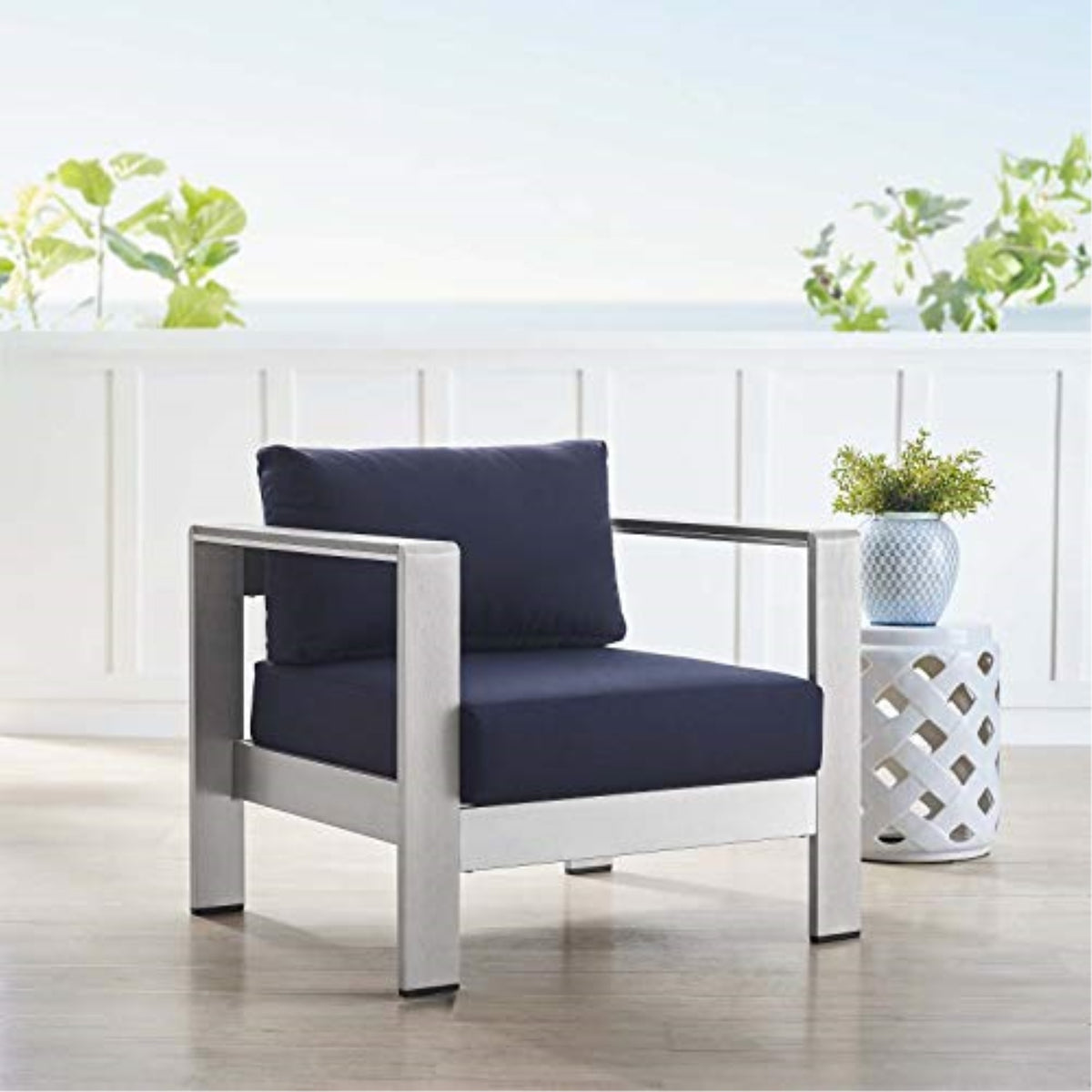 Casafoyer Eei-4225-Slv-Nav Shore Eei-4225-Slv-Navshore Sunbrella Patio Armchair In Silver Navy