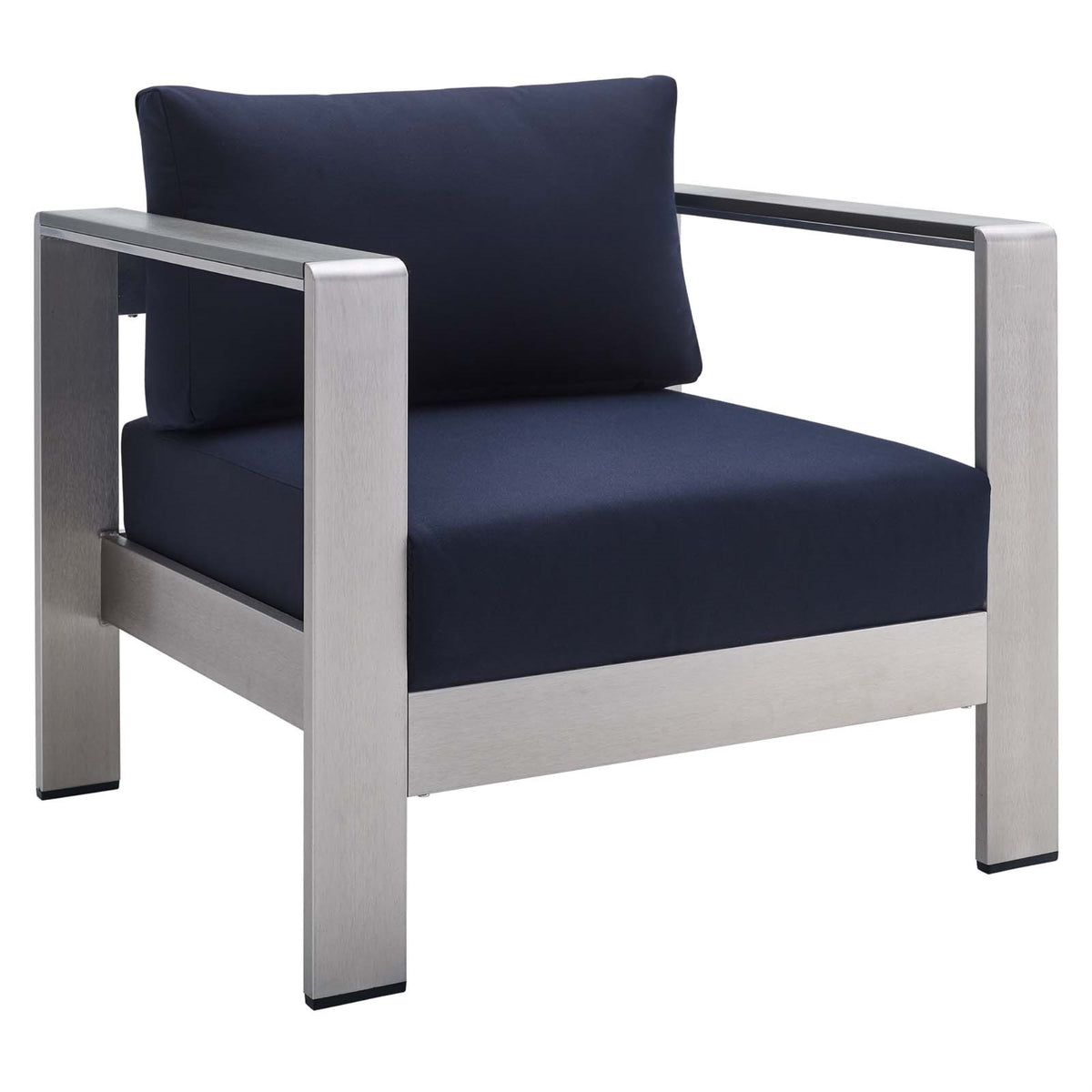 Shore Sunbrella Fabric Aluminum Outdoor Patio Armchair Silver Navy