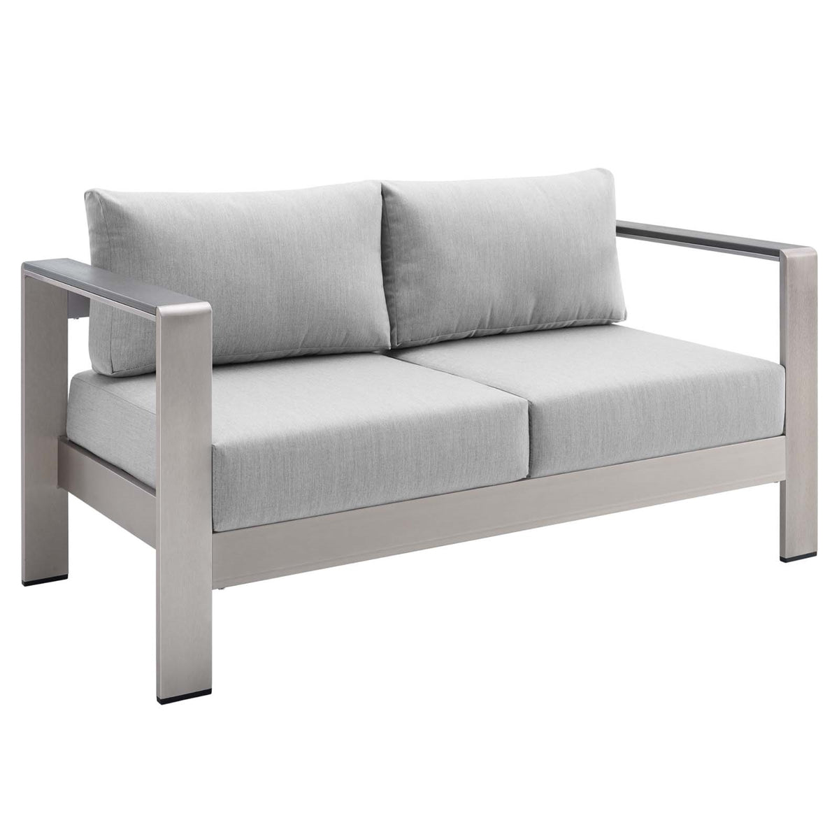 Shore Sunbrella Fabric Aluminum Outdoor Patio Loveseat Silver Gray