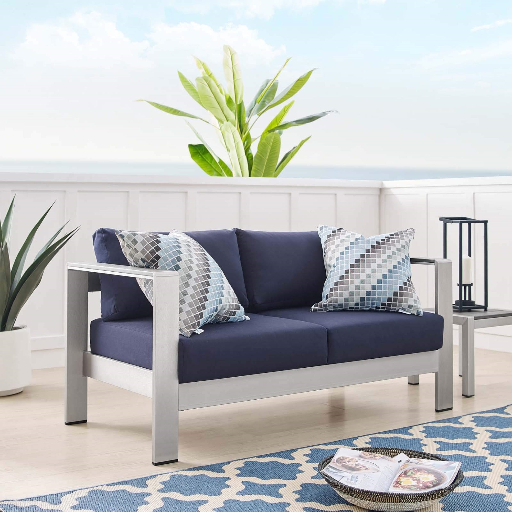 Casafoyer Shore Sunbrella Fabric Aluminum Outdoor Patio Loveseat In Silver Navy
