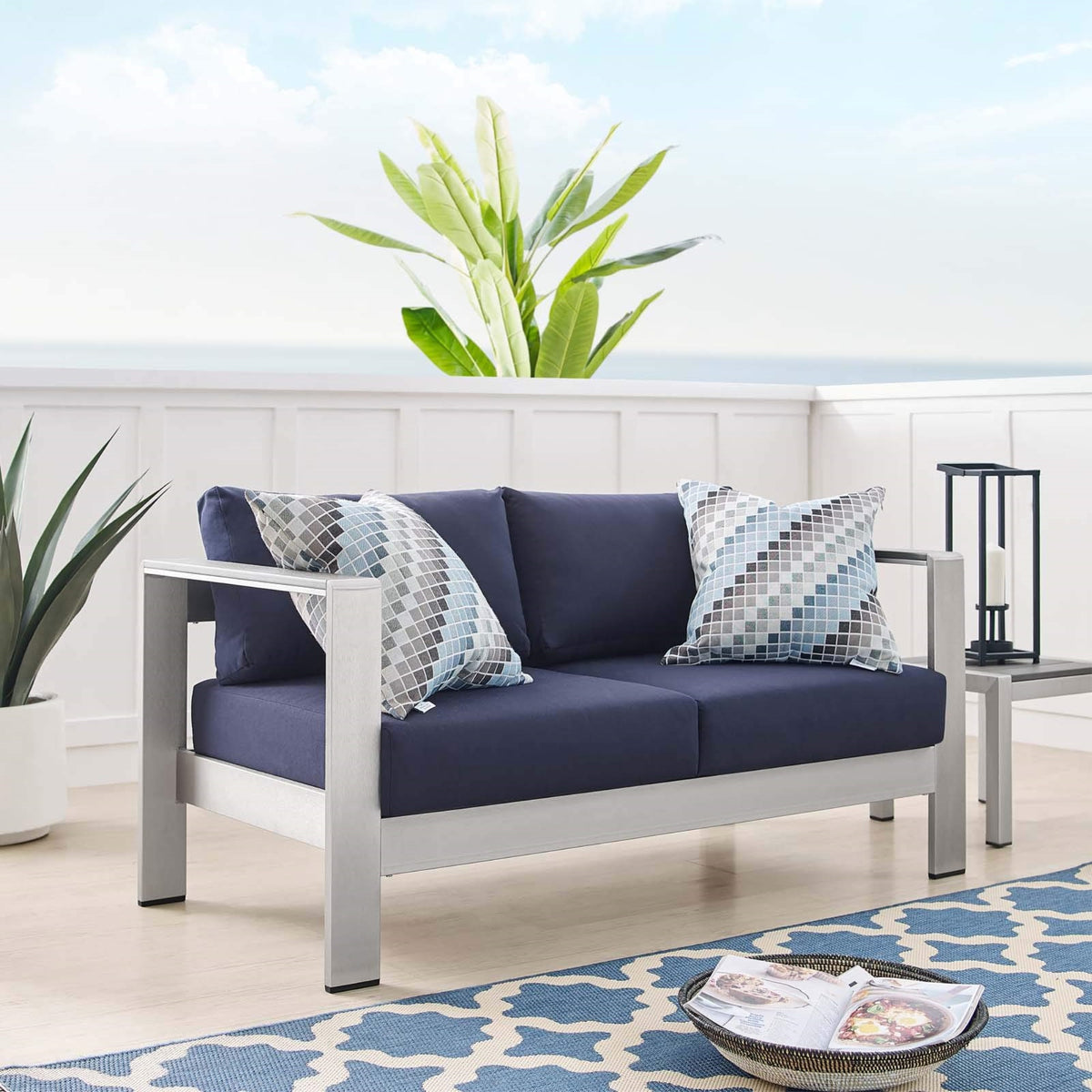 Casafoyer Shore Sunbrella Fabric Aluminum Outdoor Patio Loveseat In Silver Navy