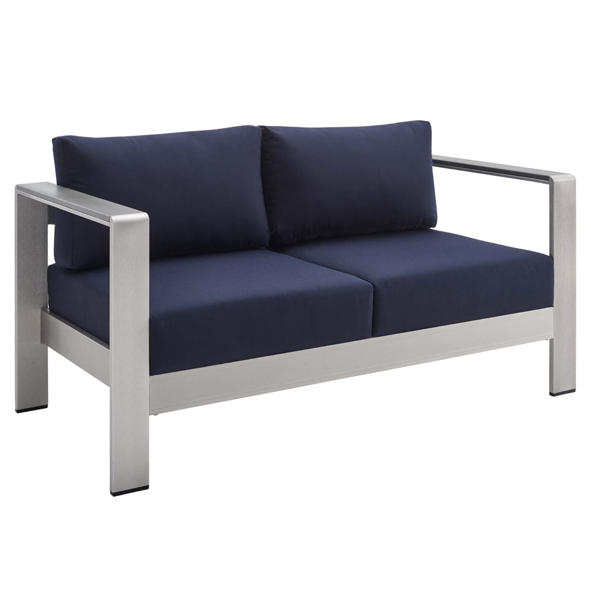 Shore Sunbrella Fabric Aluminum Outdoor Patio Loveseat Silver Navy