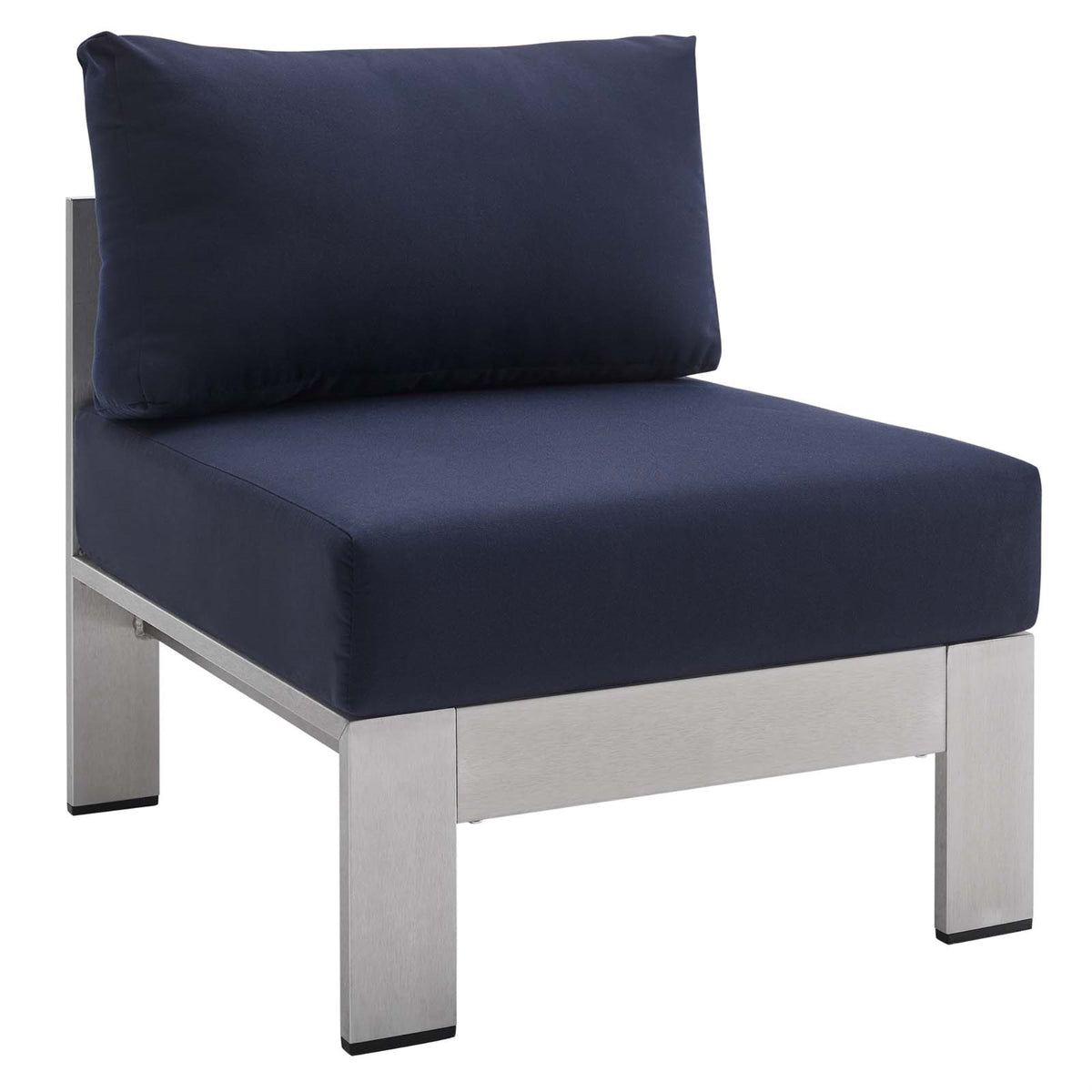 Shore Sunbrella Fabric Aluminum Outdoor Patio Armless Chair Silver Navy