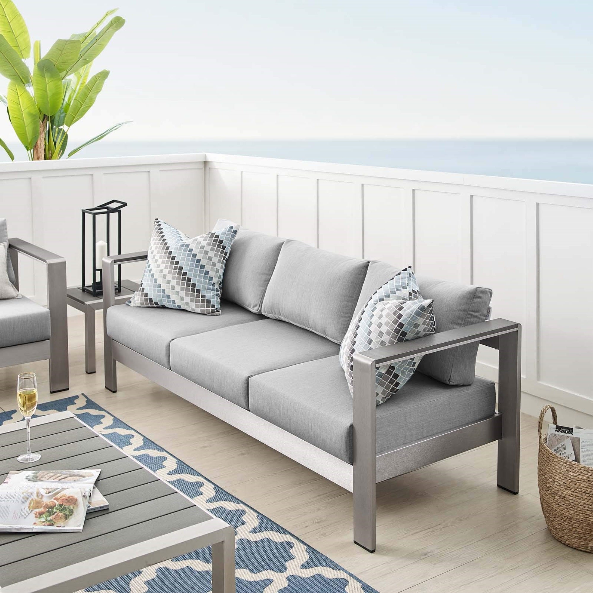 Casafoyer Shore Eei-4228-Slv-Gryshore Sunbrella Patio Sofa In Silver Gray, 27.5 X 76.5 X 24.5