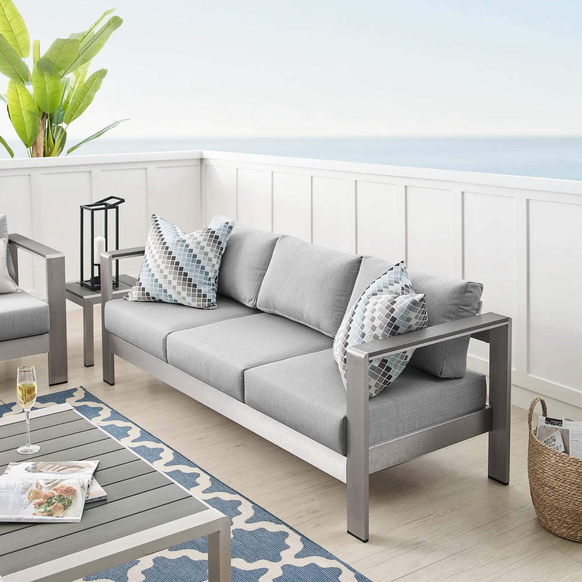 Casafoyer Shore Eei-4228-Slv-Gryshore Sunbrella Patio Sofa In Silver Gray, 27.5 X 76.5 X 24.5