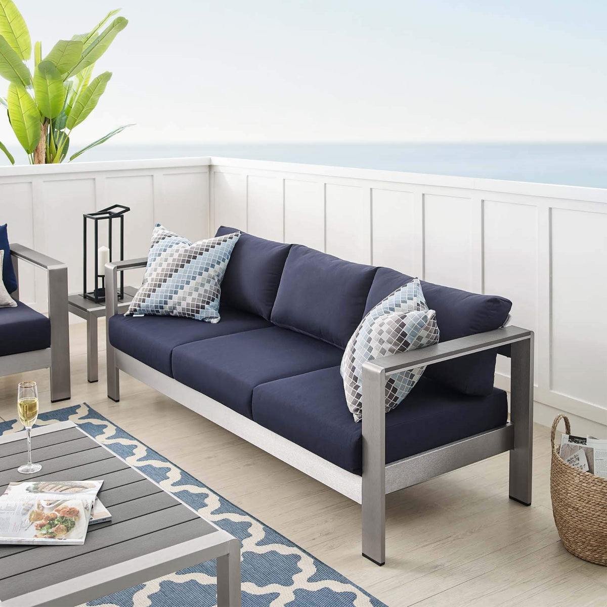 Casafoyer Eei-4228-Slv-Nav Shore Eei-4228-Slv-Navshore Sunbrella Patio Sofa In Silver Navy