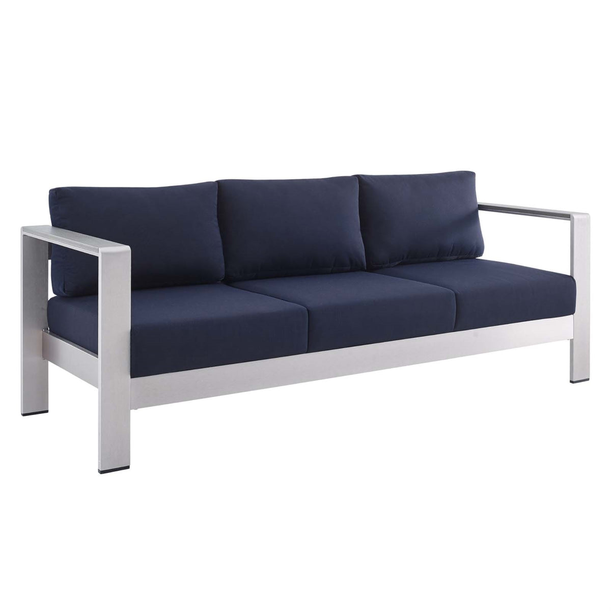 Shore Sunbrella Fabric Aluminum Outdoor Patio Sofa Silver Navy