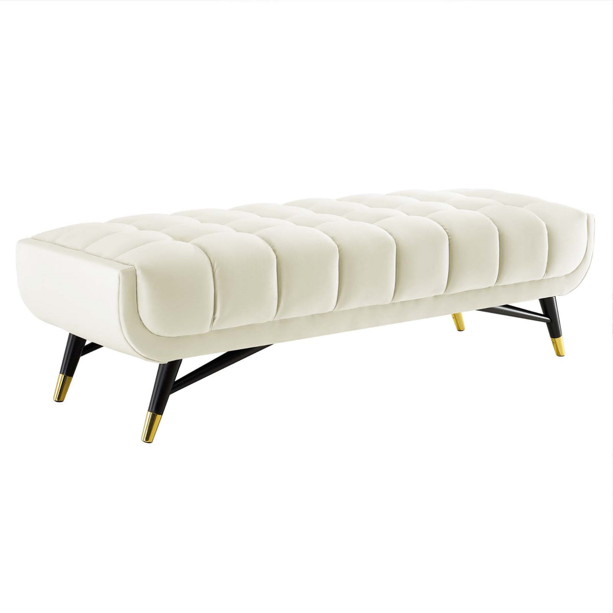 Adept Performance Velvet Accent Bench - Chic, Contemporary, And Mid-Century Design - Stain-Resistant Upholstery - Plush Comfort - Splayed Black Birchwood Frame - Gold Metal Accents - 60' Length