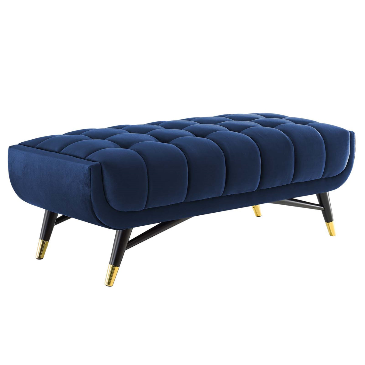Adept Performance Velvet Accent Bench - Chic, Contemporary, And Mid-Century Modern Design - Luxurious Tufting - Stain-Resistant - Plush Comfort - Splayed Black Birchwood Frame - Gold Metal Accents - 47.5'