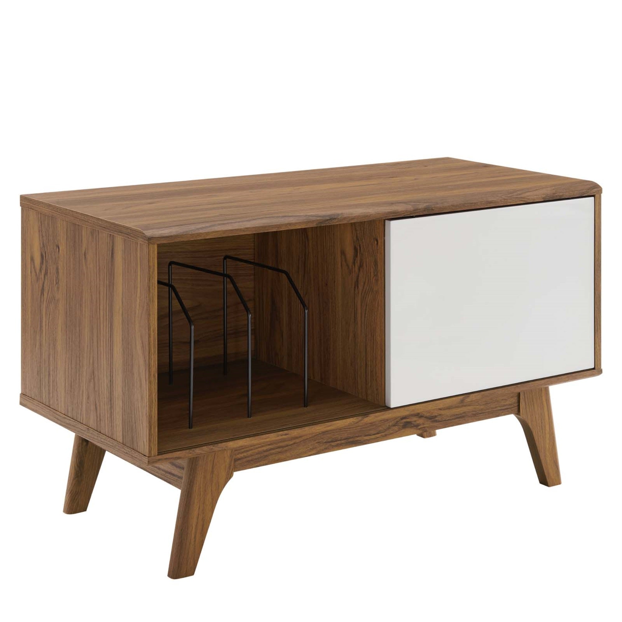 Envision Vinyl Record Display Stand - Walnut Grain Laminate Finish, Sliding White Door, Flared And Tapered Legs. Organize And Showcase Your Vinyl Collection In Style.
