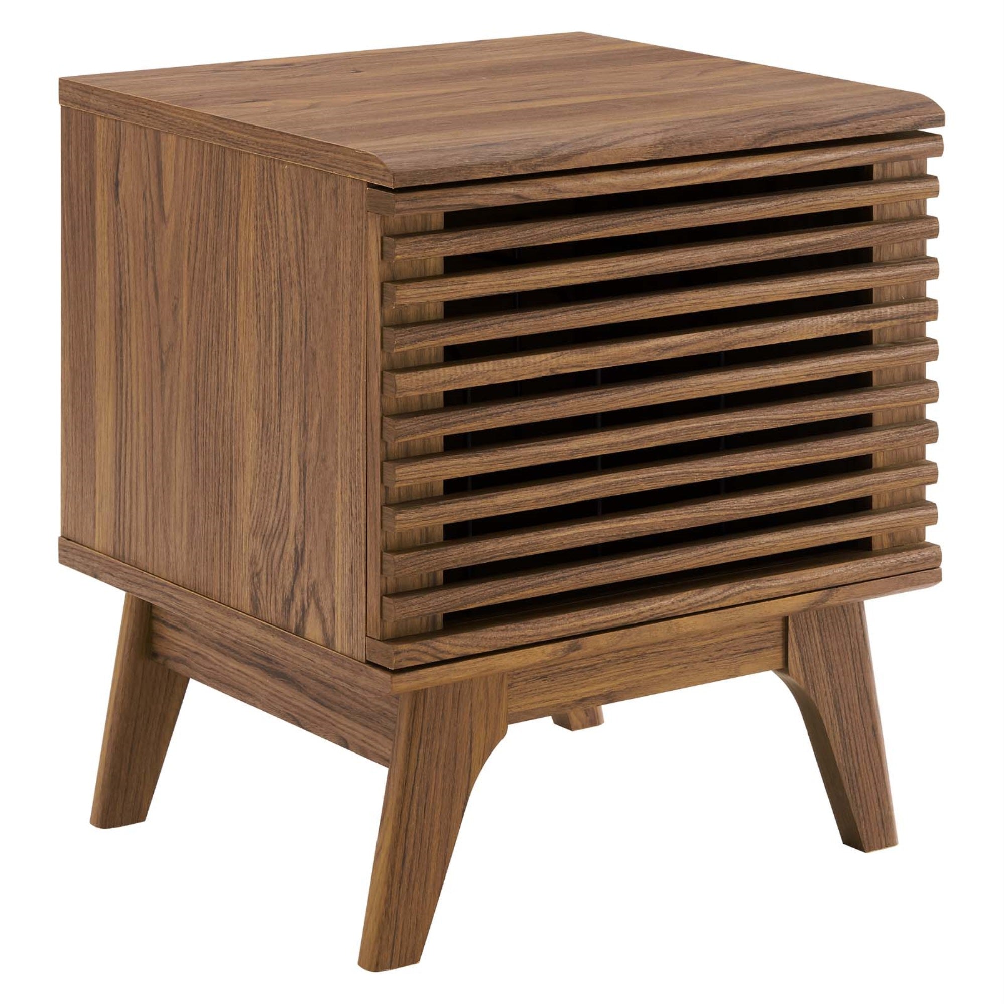 Mid-Century Style Render Vinyl Record Display Stand With Ample Storage Space - Walnut Grain Laminate, Metal Dividers, Tapered Wood Legs.