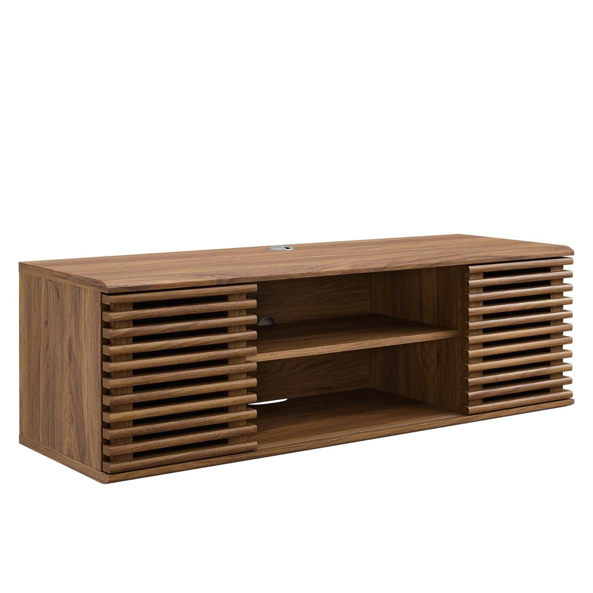 Render 46' Wall-Mount Tv Stand - Stylish Mid-Century Design, Durable Walnut Grain Laminate, Adjustable Shelf, Cable Management, Sliding Doors, Accommodates Up To 50' Flat-Screen Tvs