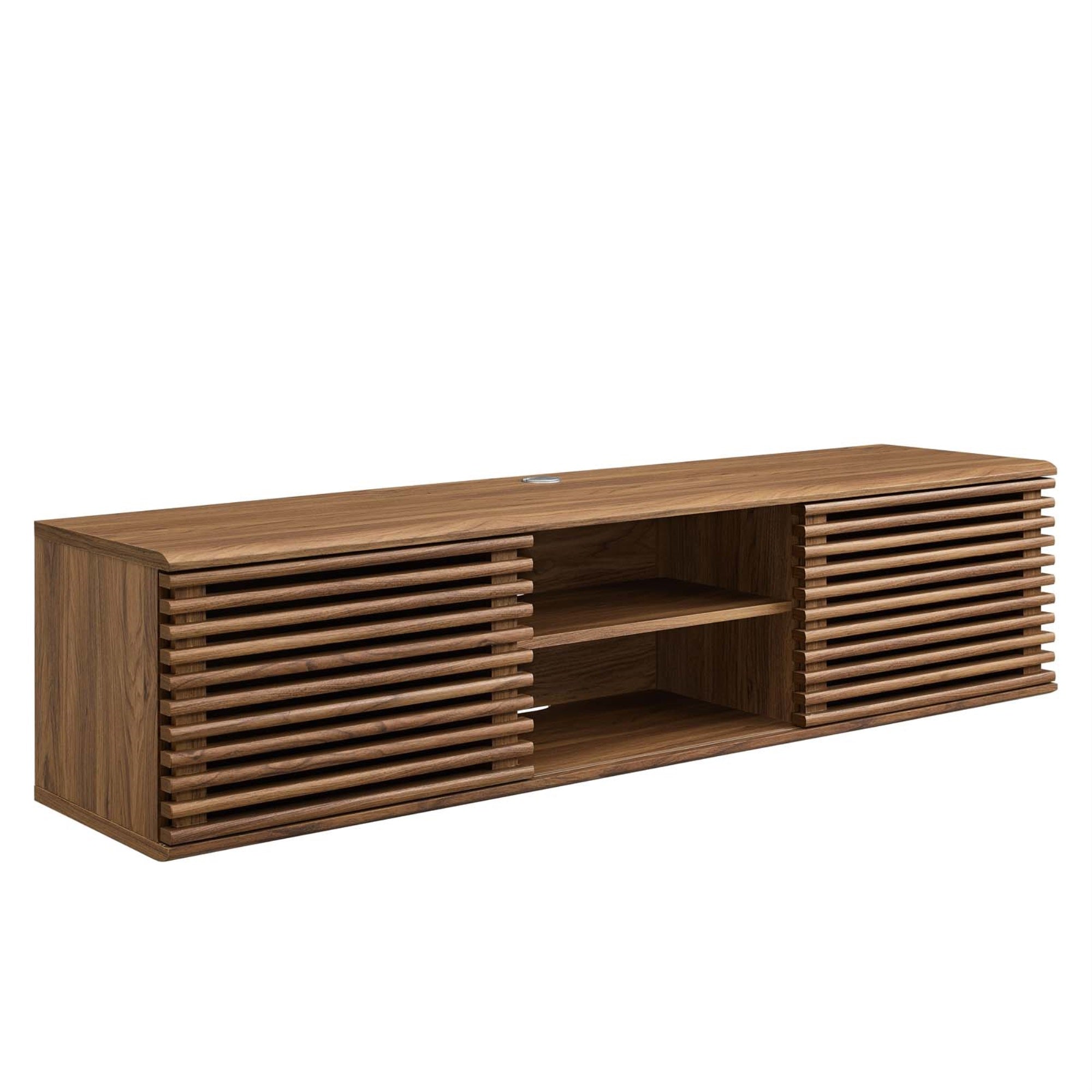 Render 60' Wall-Mount Tv Stand - Walnut | Adjustable Shelf, Cable Management, Sliding Doors | Fits Tvs Up To 65' | Mid-Century Modern Design