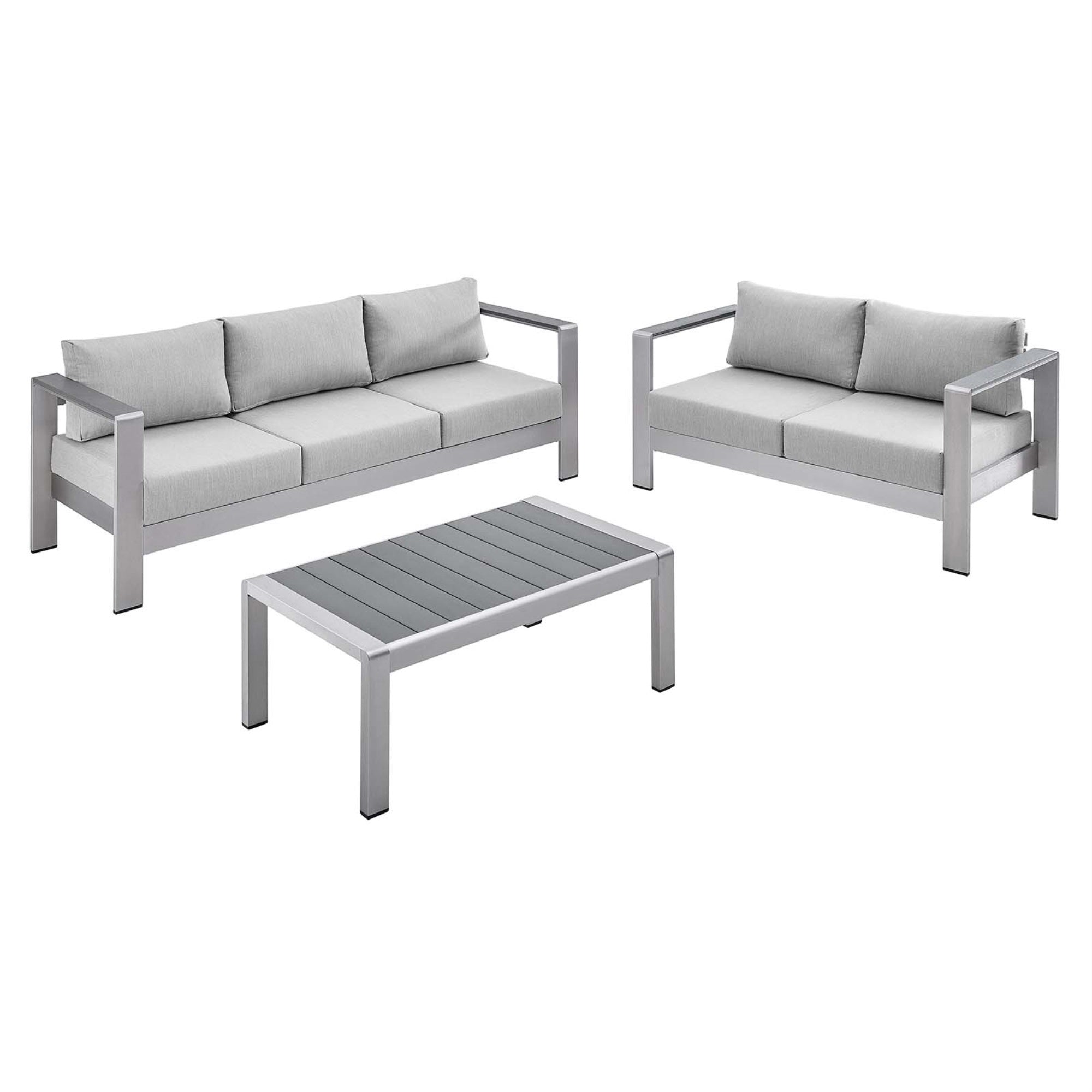 Shore Aluminum 3 Piece Outdoor Patio Furniture Set - Weatherproof, Sunbrella Cushions, Sofa, Loveseat, Coffee Table