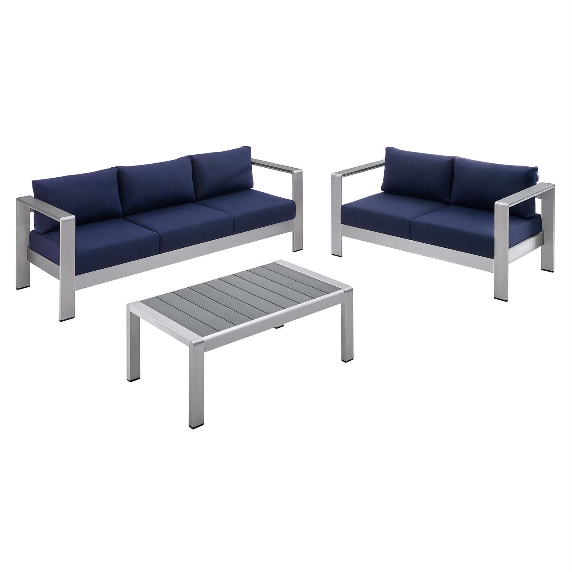 Shore Aluminum 3 Piece Outdoor Patio Furniture Set - Sturdy Anodized Frames, Sunbrella Cushions, Coffee Table, Loveseat, Sofa