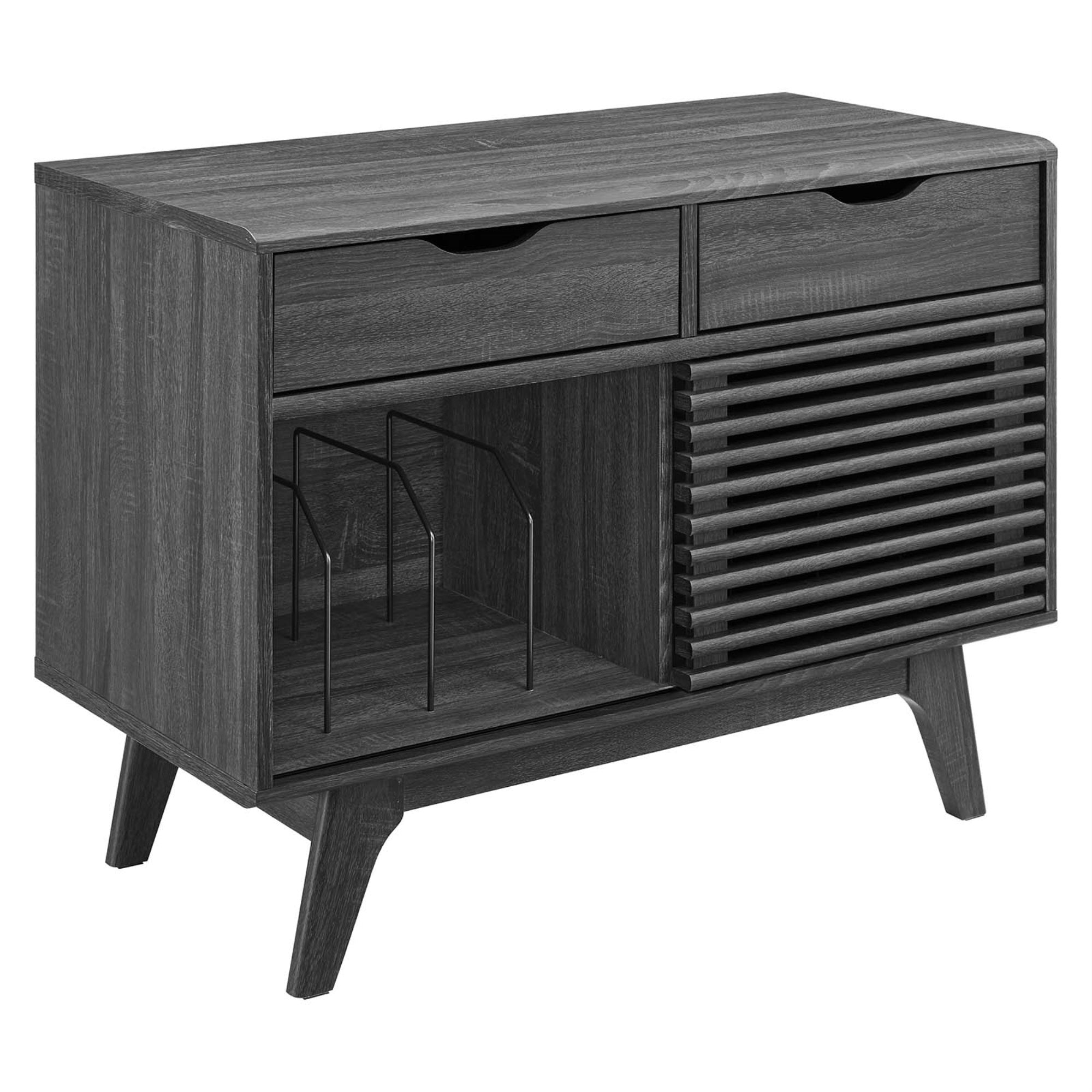 Ergode Vinyl Record Display Stand - Timeless Design, Ample Storage, Walnut Grain Laminate, Sliding Door & Drawers. Organize Your Vinyl Collection.