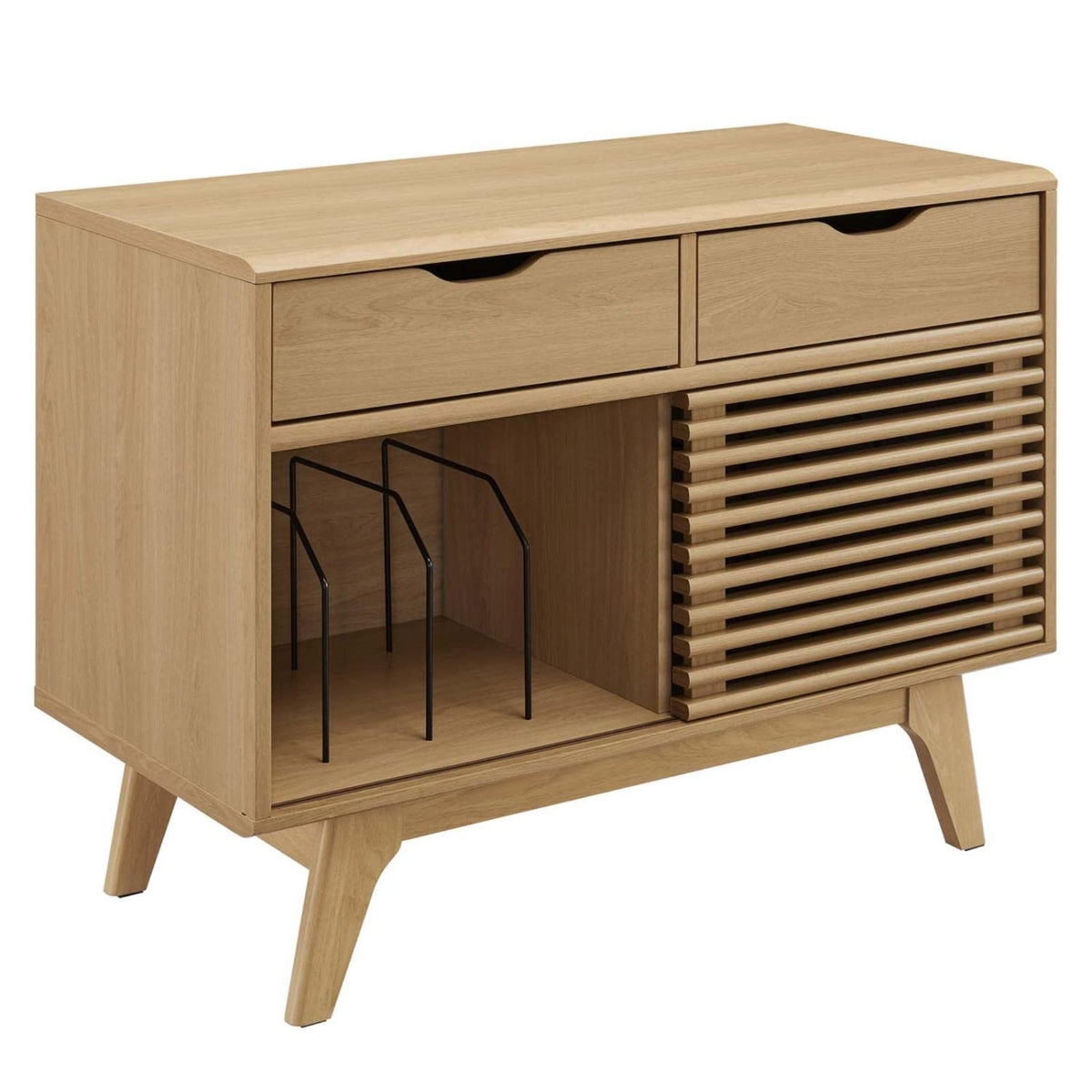 Casafoyer Render Wood & Vinyl Record Display Stand With 2 Drawers In Oak