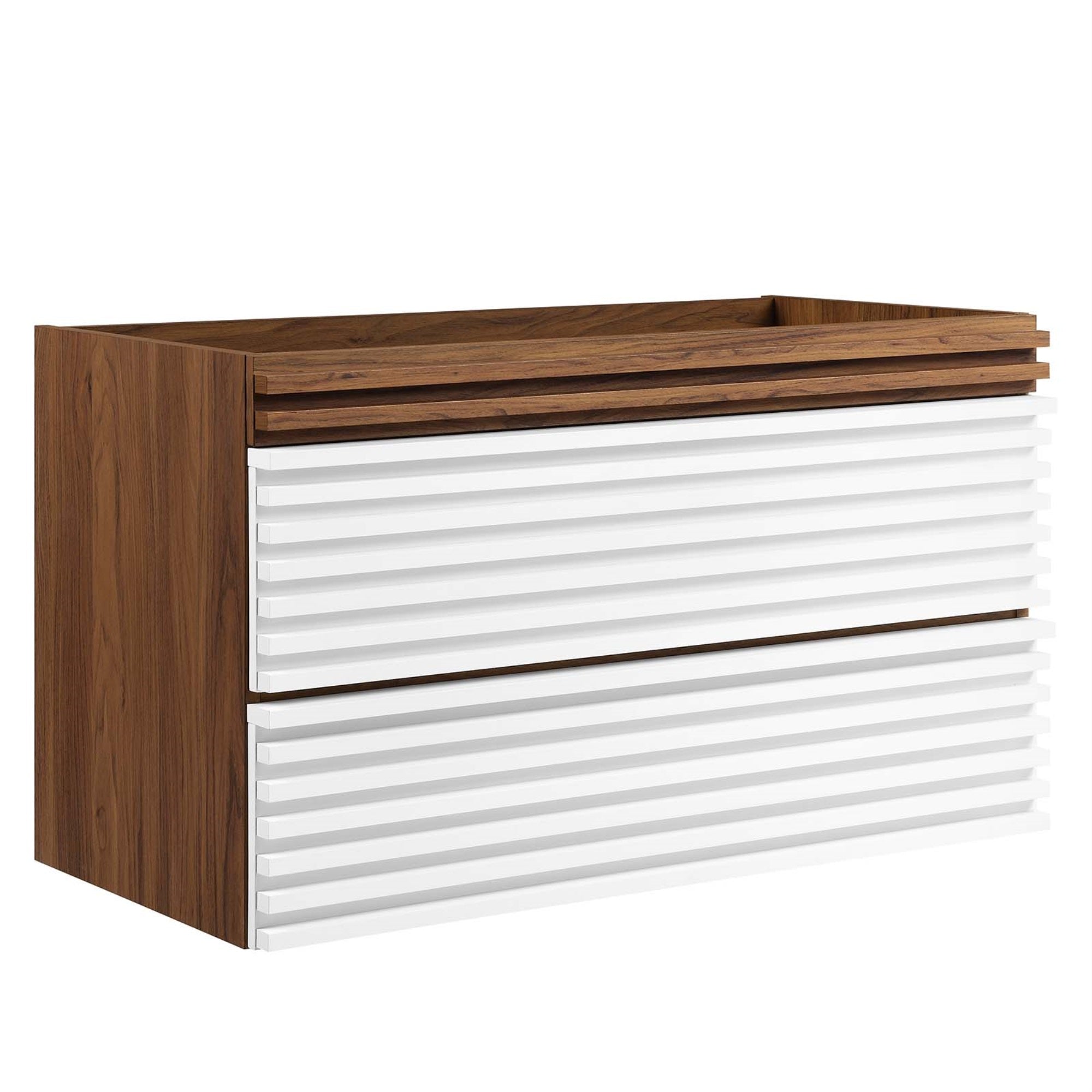 Ergode 36' Mid-Century Wall-Mount Bathroom Vanity - Walnut Finish, 2 Drawers, Drywall Friendly Mounting Cleat.
