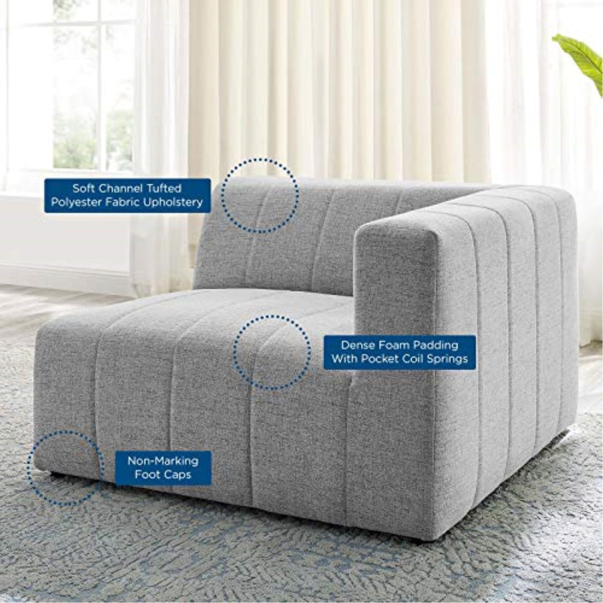 Casafoyer Bartlett Channel Tufted Upholstered Sectional, Right-Arm Chair, Light Gray