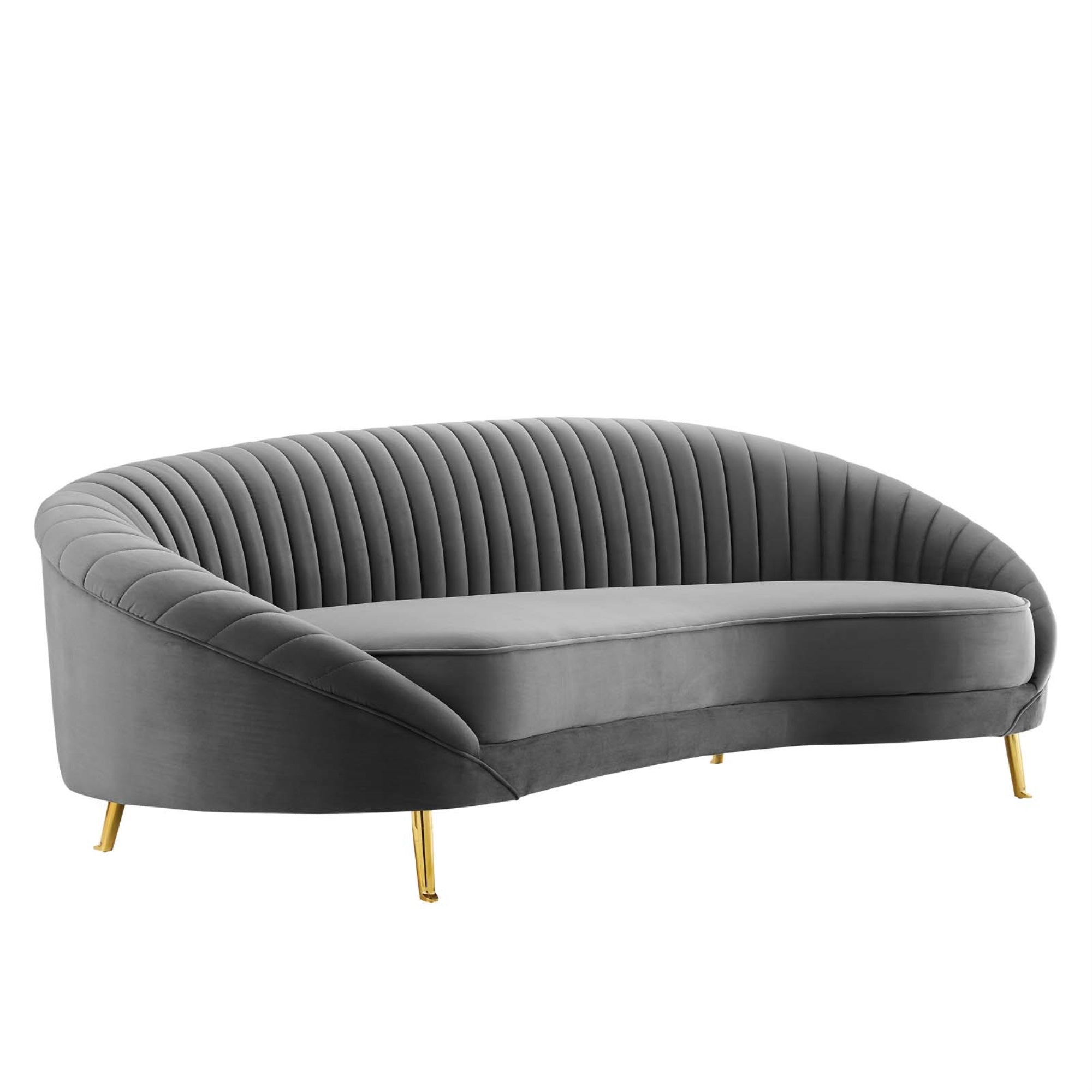 Camber Channel Tufted Performance Velvet Sofa - Retro Modern Style, Luxurious & Glamorous, Curved Back Design, Velvet Upholstery, Dense Foam Padding, Gold Metal Legs, Gray