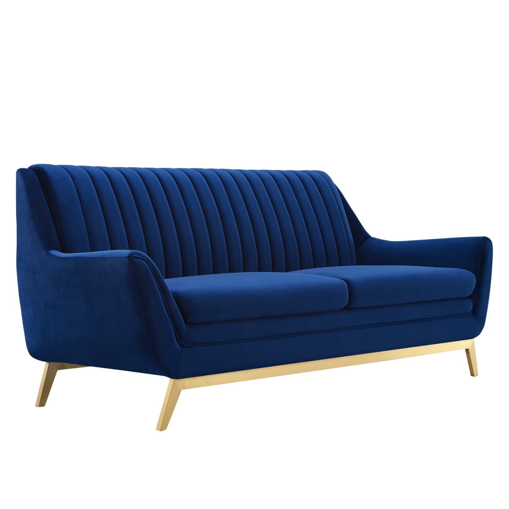 Winsome Channel Tufted Performance Velvet Sofa - Vintage Charm With Modern Twist, Stain-Resistant, Comfortable, Durable, Gold Metal Detail, Flared Silhouette, Navy