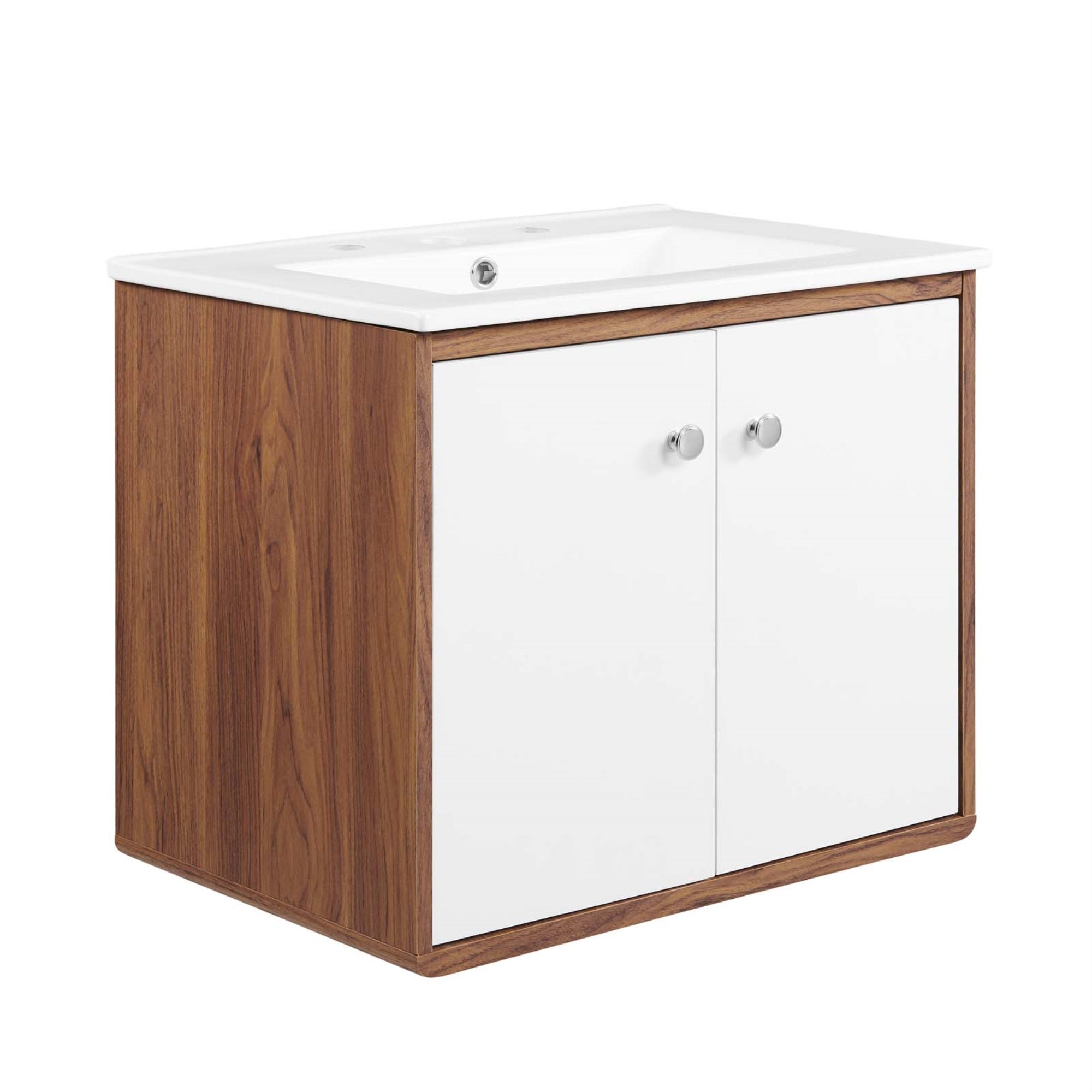 Transmit 24' Mid-Century Modern Wall-Mount Bathroom Vanity - Walnut White, Ample Storage, Soft-Close Doors, Ceramic Sink, Chrome Knobs