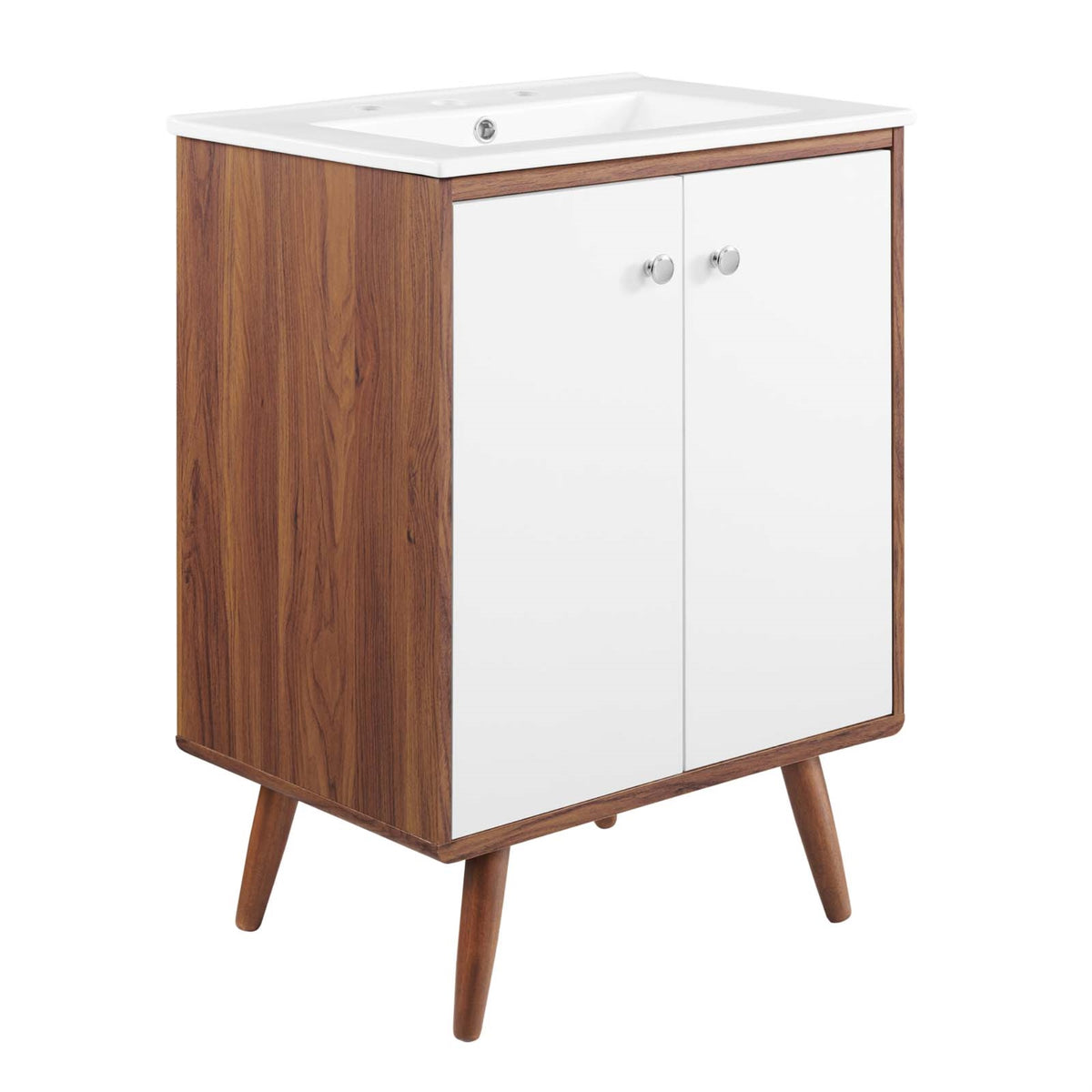 Transmit 24' Bathroom Vanity - Mid-Century Modern Style, Walnut Grain Veneer, Soft-Close Doors, Ceramic Sink, Chrome Knobs, Easy Assembly