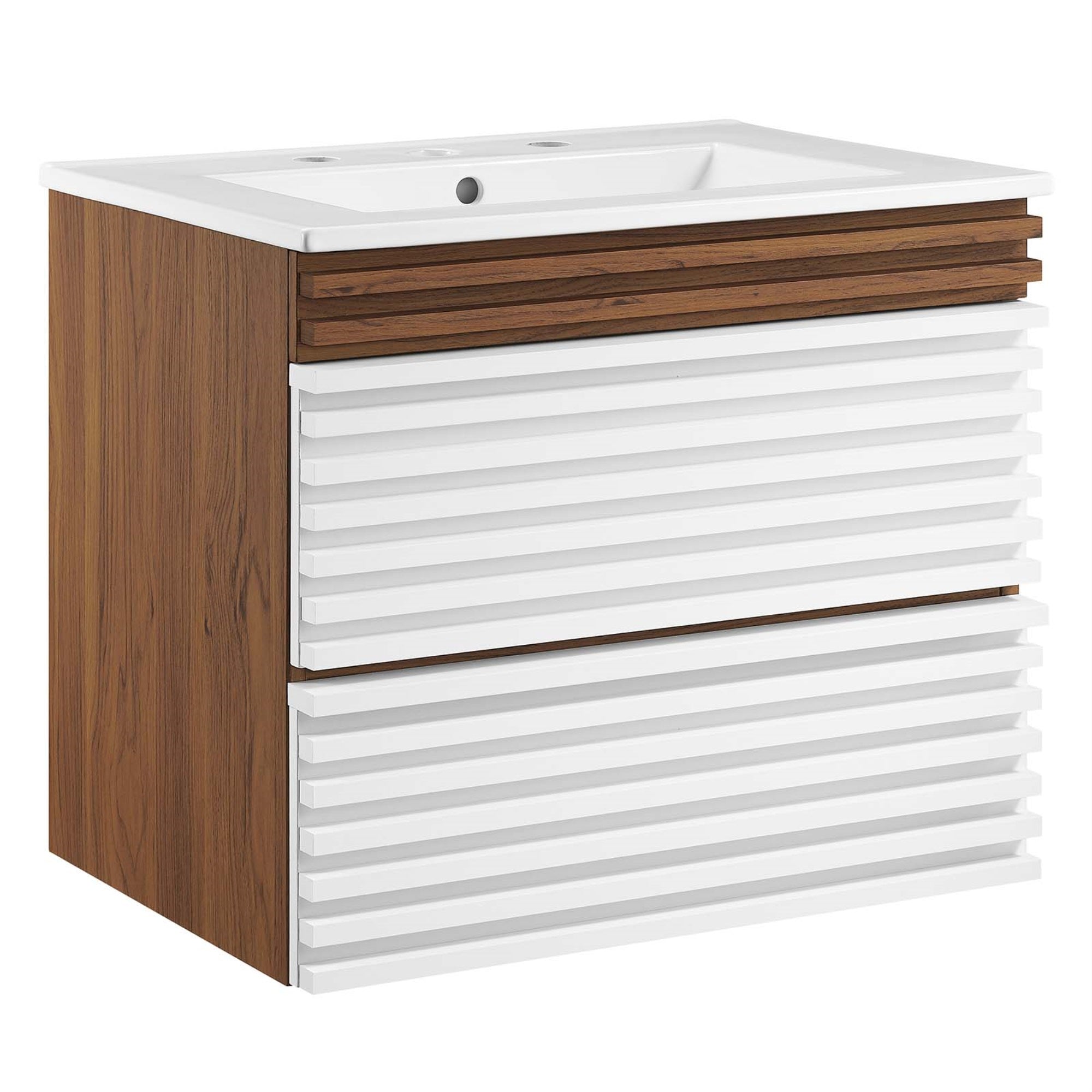Ergode 24' Wall-Mount Bathroom Vanity - Mid-Century Style, Walnut Grain Laminate, Ample Storage, Ceramic Sink