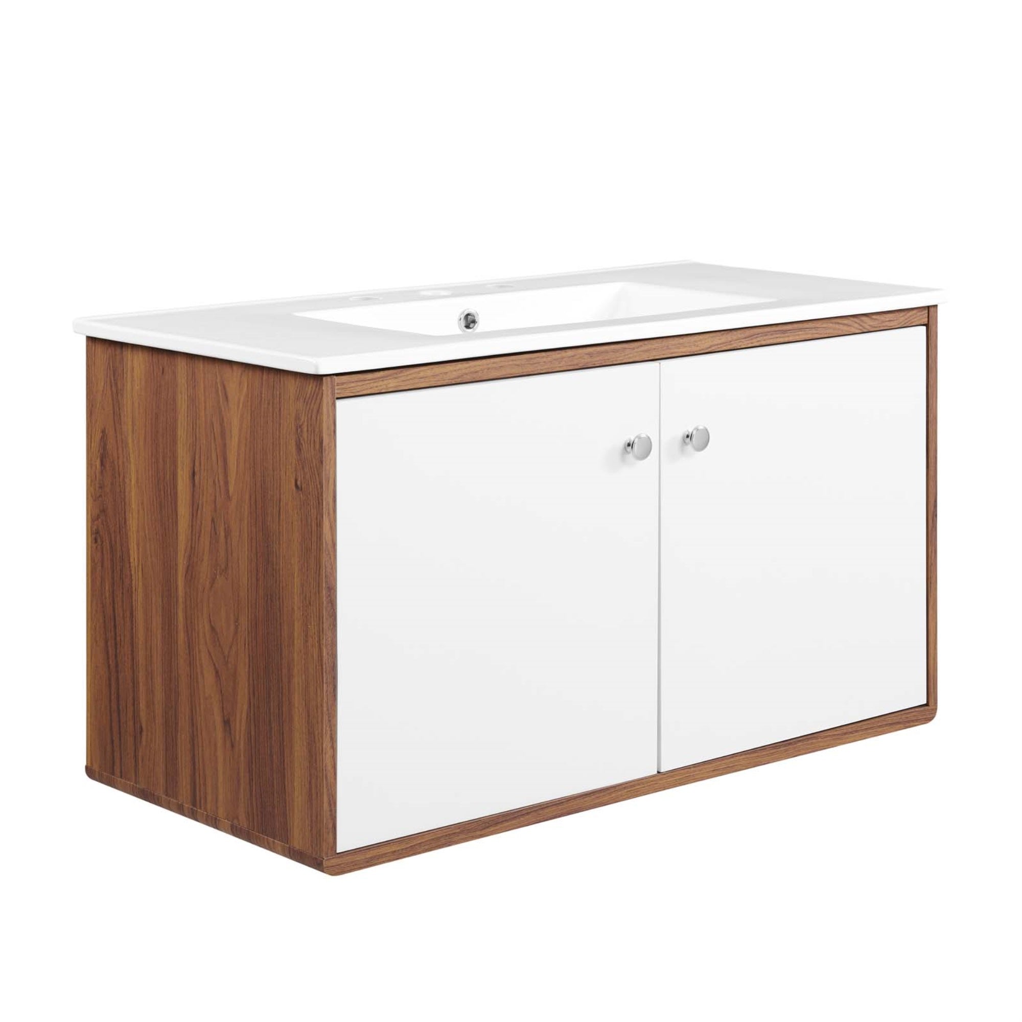 Transmit 36' Wall-Mount Bathroom Vanity - Mid-Century Modern Style, Walnut Grain Veneer, White Lacquer Doors, Ceramic Sink, Chrome Knobs