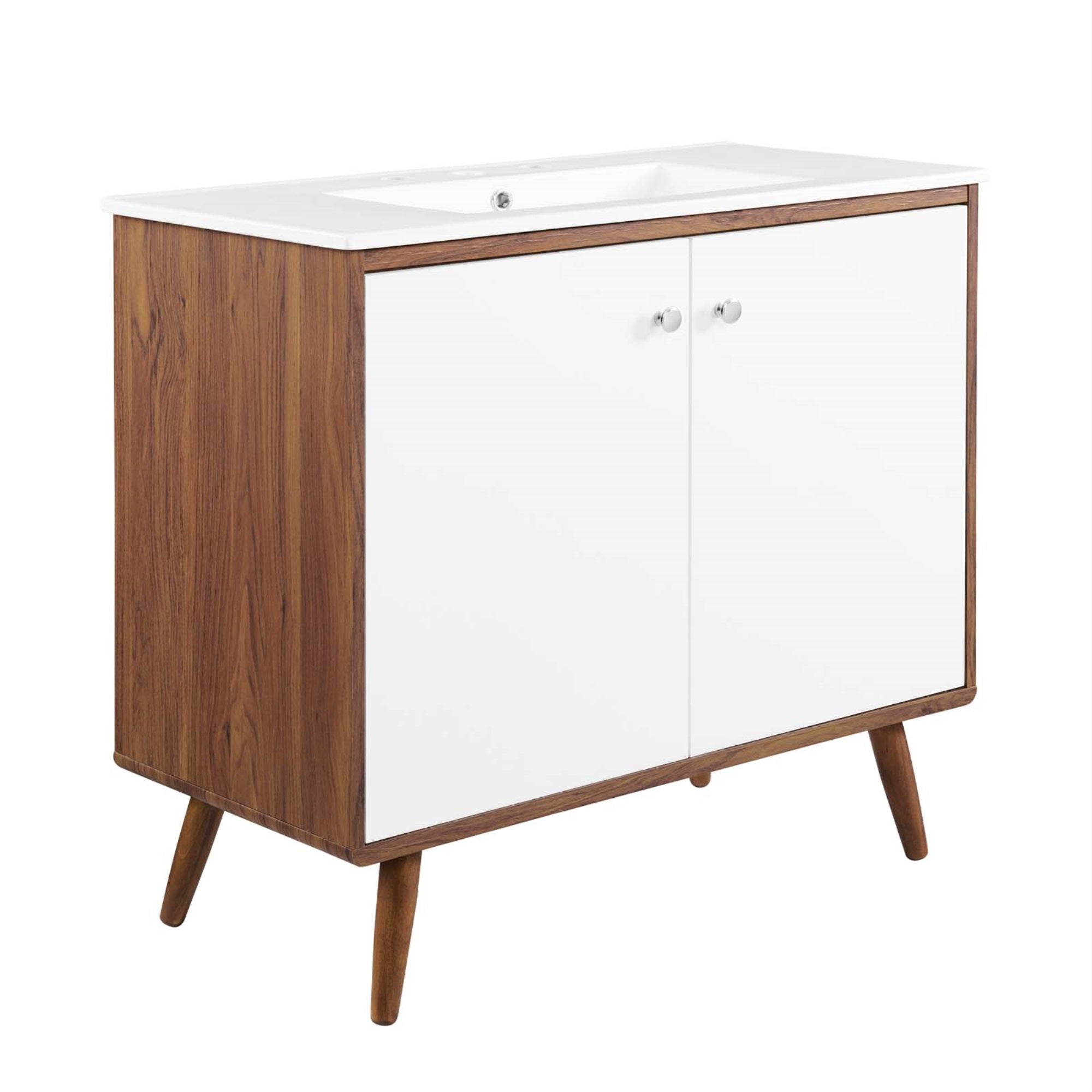 Transmit 36' Bathroom Vanity - Mid-Century Modern Style, Walnut Grain Veneer, Soft-Close Doors, Ceramic Sink, Chrome Knobs, Easy Assembly