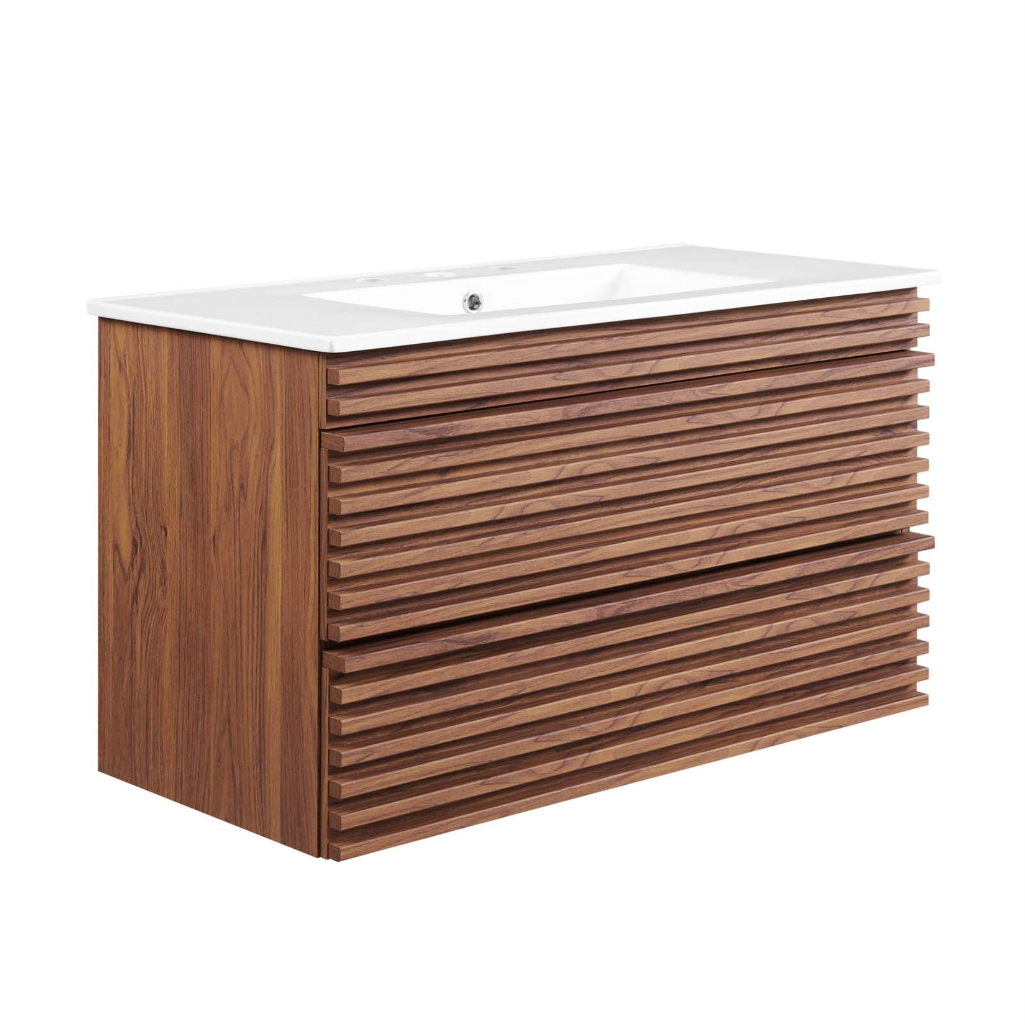 Render 36' Wall-Mount Bathroom Vanity - Retro Modern Design, Ample Storage, Ceramic Sink, Walnut Grain Laminate, Durable Construction